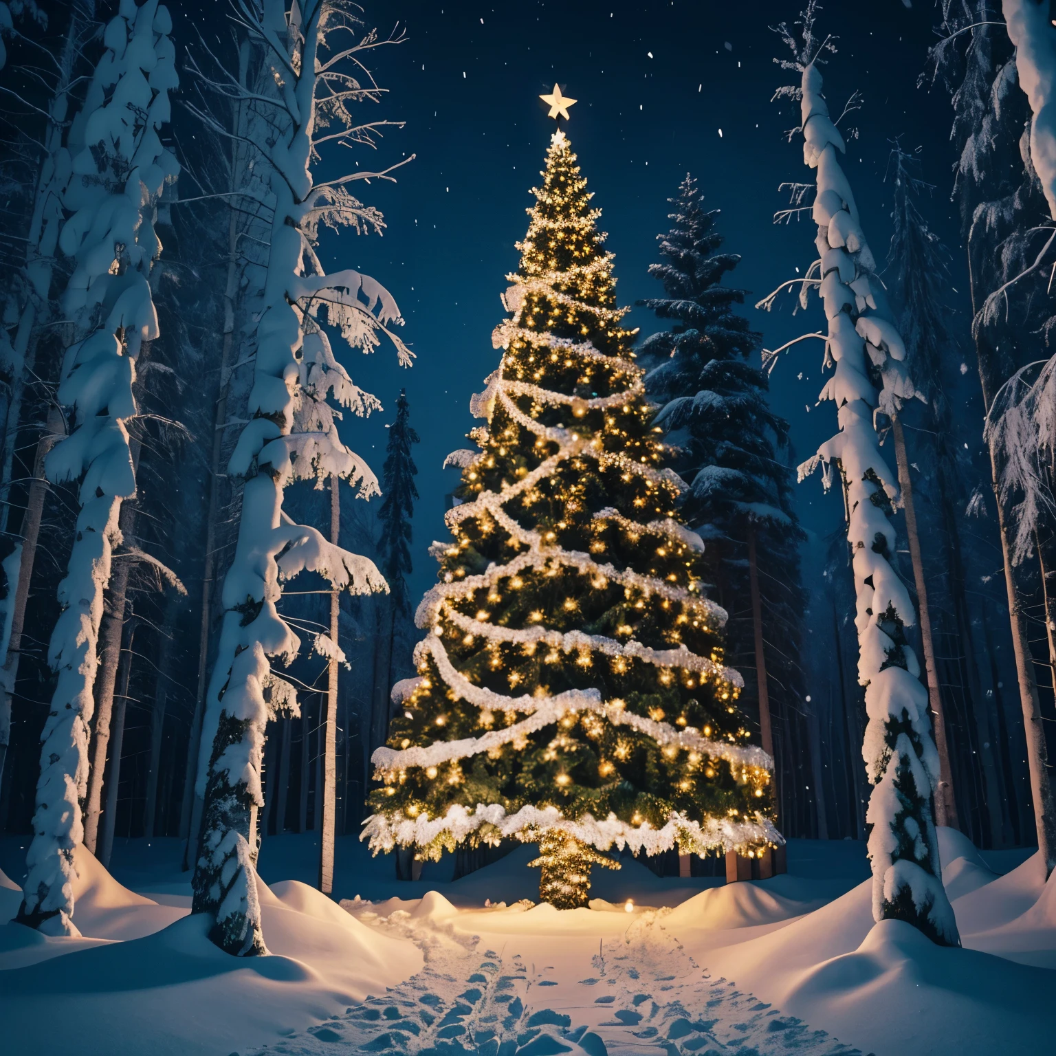 Magical Christmas tree outdoors with snow at night