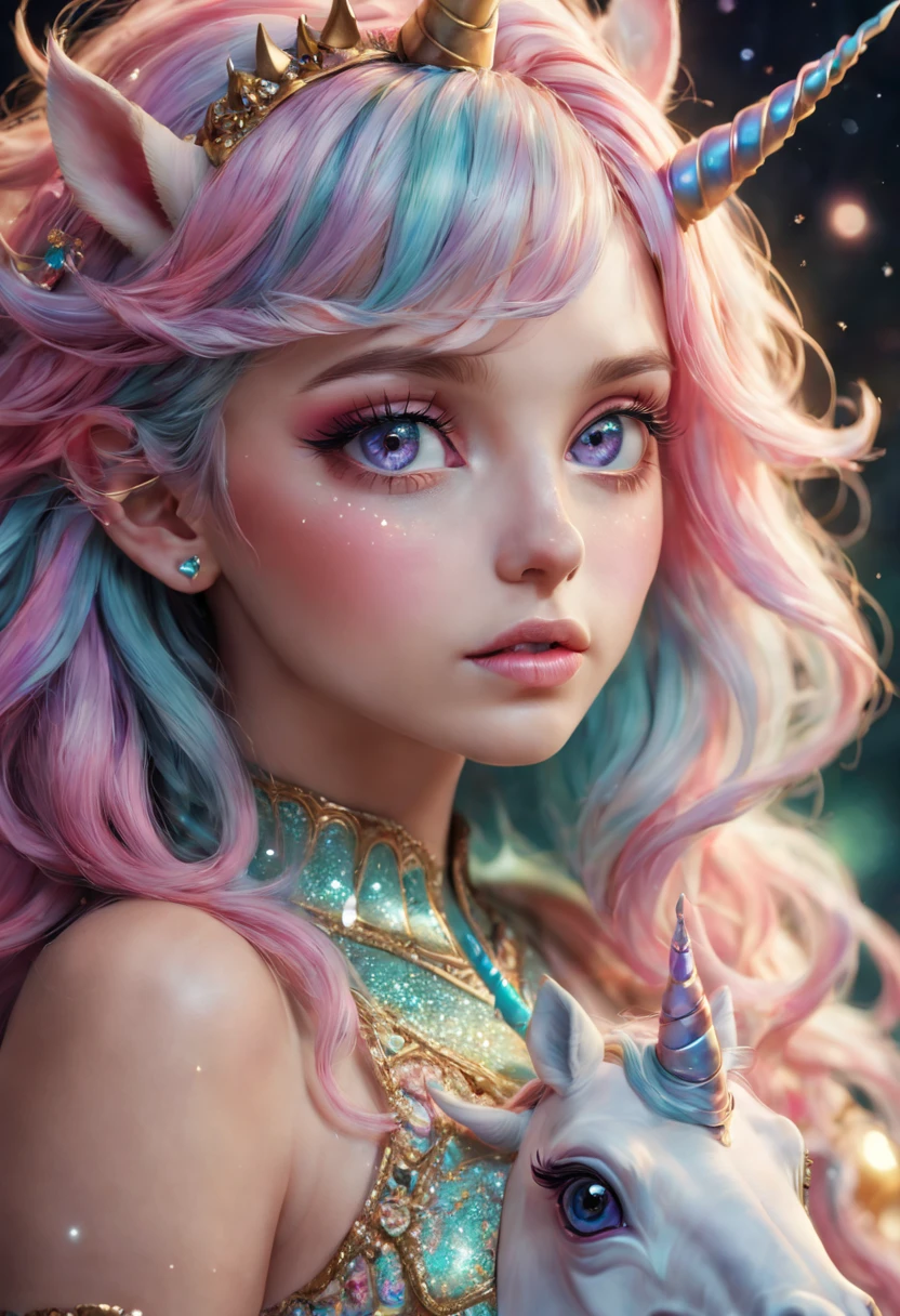 beautiful detailed eyes,beautiful detailed lips,extremely detailed eyes and face,longeyelashes,1girl,illustration,unicorn,humanoid, colorful hair,sparkling horn,pastel colors,fantasy lighting,vibrant atmosphere,soft focus,fairytale style