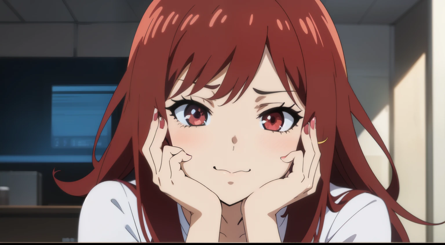 A girl with red hair, bright eyes like an anime, anime Waifu, retro 80s, hand on her face, sexy face, moaning with a red face, sideways looking at the screen, Anime Girl from the Future, 2D Anime.