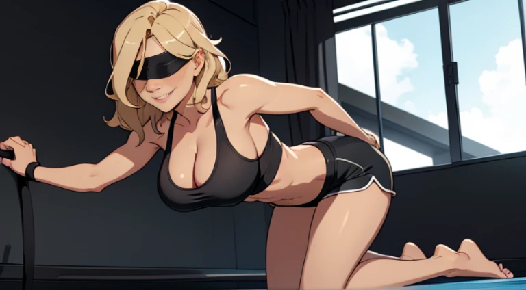 A busty barefoot beautiful woman wearing a black sportsbra and black sportsshorts, short wavy blonde hair, black blindfold, smiling.