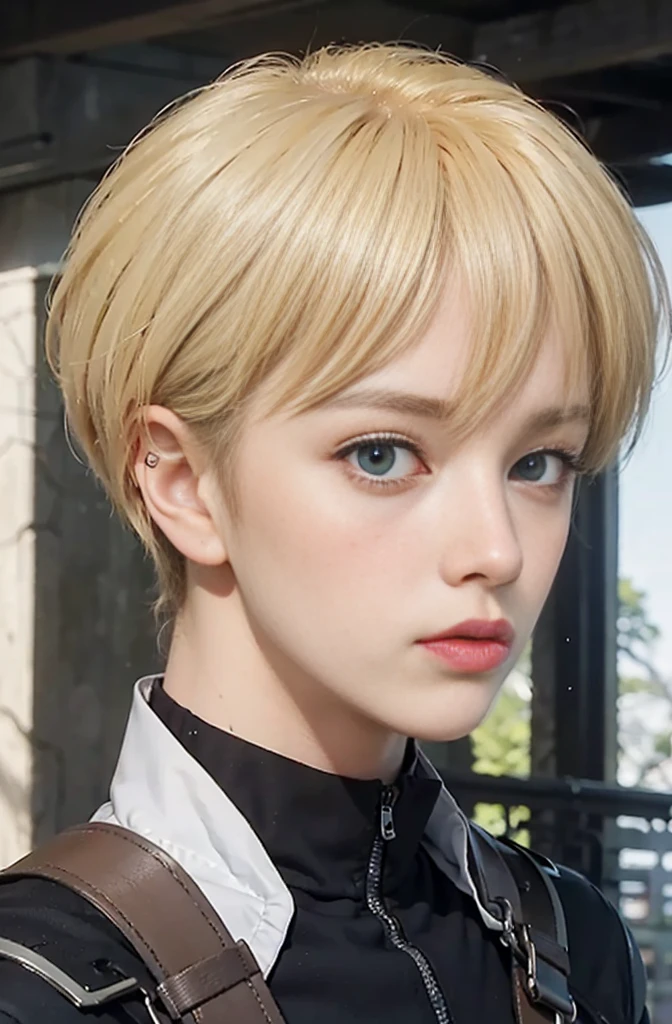(Blond-haired, intense blue-eyed boy wearing his brown Shingeki:1.2 uniform), in the middle of a mysterious forest, his expression charged with nervousness as he stares at the viewer, all in a high-resolution 4k image, a true masterpiece.)