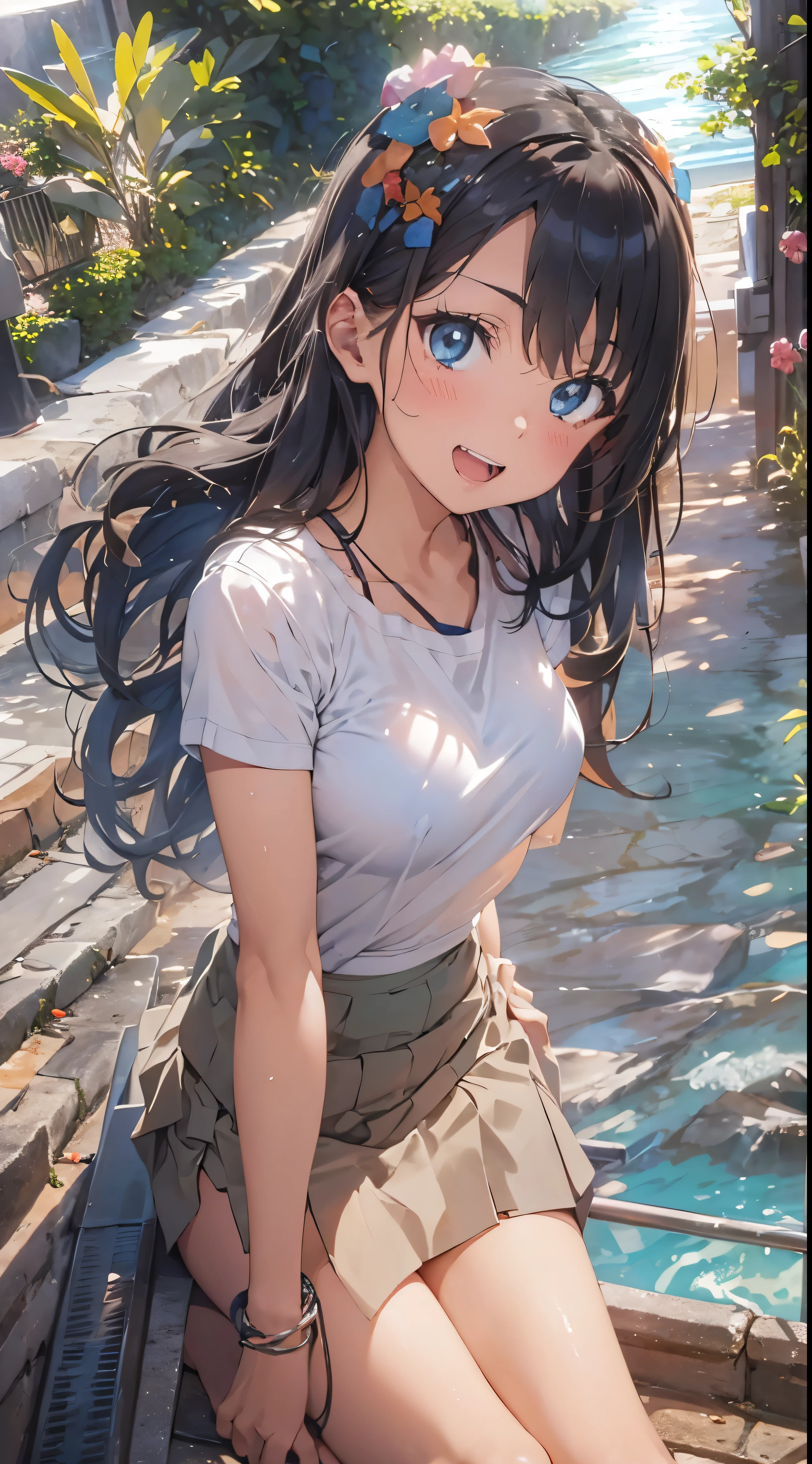(Official art、Best Quality、Unity 8k Wallpapers、32K、​masterpiece、ultra-detailliert、超A high resolution、realisitic、Photorealsitic:1.2)、(Cinematic lighting:1.2)、Fireglow effect、The grainiest shadow of the film、Rim lighting、side lights、sideshot、(ultra-detailliertで複雑な3Dレンダリング)、Detailed beautiful face and eyes、A slender、Medium bust、(Full body:1.2)、 Highly detailed background、beauitful face、blurry backround、-yeld beiful girl、(ultra-detailliertなスキン、detailed skin textures:1.3)、A dark-haired、Hip Hop Cable、(thighs thighs thighs thighs:0.8)、Knitted sandals、(((Sea sand beach)))、Smile with open mouth、(Satin Narico),Blue eyes,((Navel T-shirt,Micro Tight Skirt))(see -through)