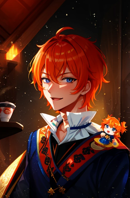 Orange hair,Royal blue eyes without highlights,tartaglia,Genshin character,a baby face,handsome male,Cheerful expression,Standing in the golden house with head raised,There are kiss marks on the neck,quadratic element,cup noodle style