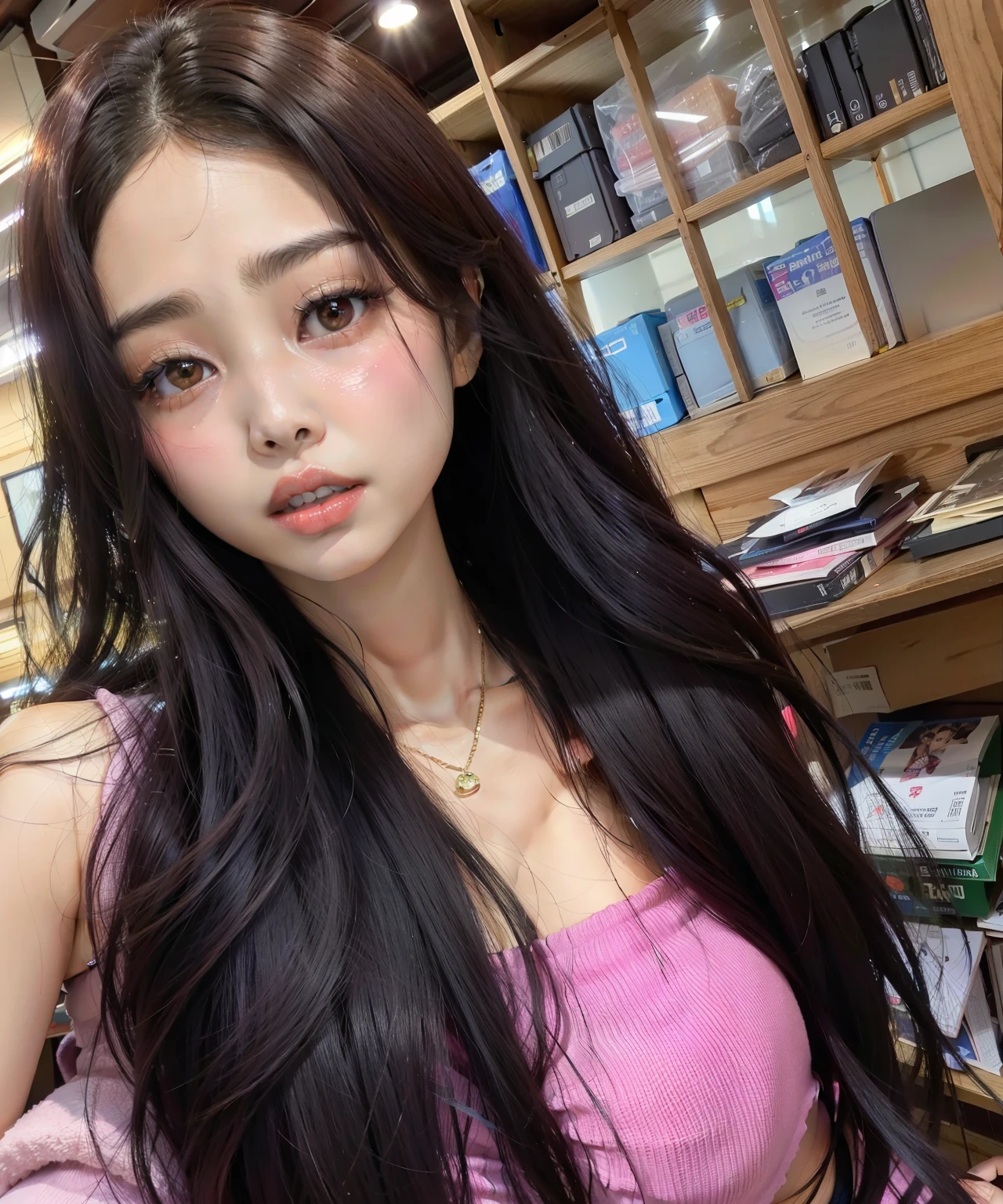 a close up of a woman com cabelos longos wearing a pink top, beautiful south Mulher coreana, gorgeous young Mulher coreana, Ulzzang, beautiful young Mulher coreana, asian girl com cabelos longos, dilraba dilmurat, menina coreana, com cabelos longos, young adorable korean face, Jaeyeon Nam, Mulher coreana, maquiagem sul-coreana popular, Heonhwa Choe