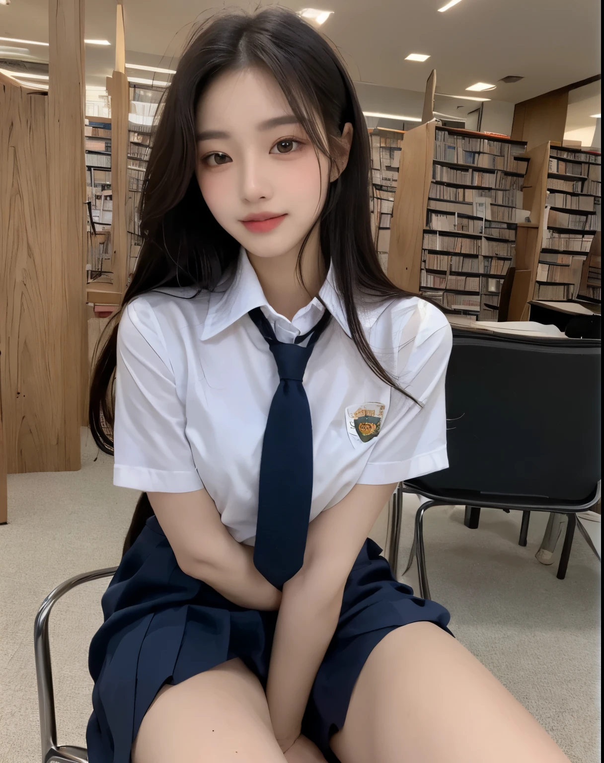 (Masterpiece, best resolution: 1.2), (brown eyes), seduction, smile, long hair, small breast, high-definition facial features, 8K, double eyelids, delicate facial feature, natural body, ((sharp defined jawline 1.4)) ((((wearing school uniform and skirt))), (((library))), (sitting on chair), (full body)