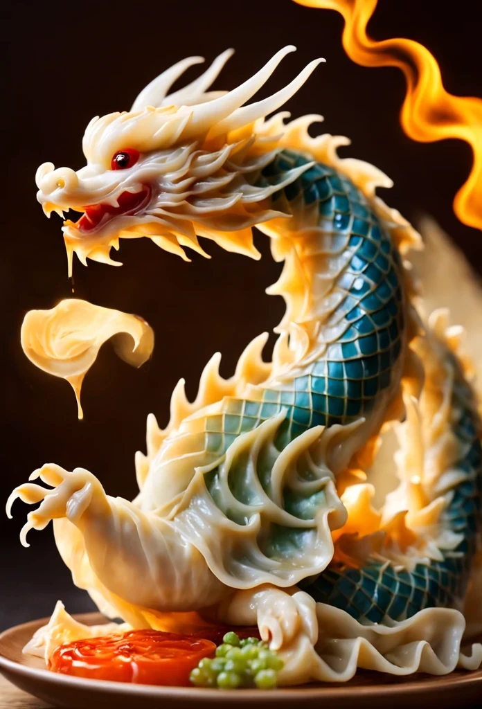 Make dragon-shaped gyoza:A dragon seen from the side is breathing fire,artistic dumplings,beautiful lighting,Thin and  gyoza skin,The layered skin expresses the scales of a dragon.,delicately and boldly,Meals served to royalty,How wonderful,​masterpiece