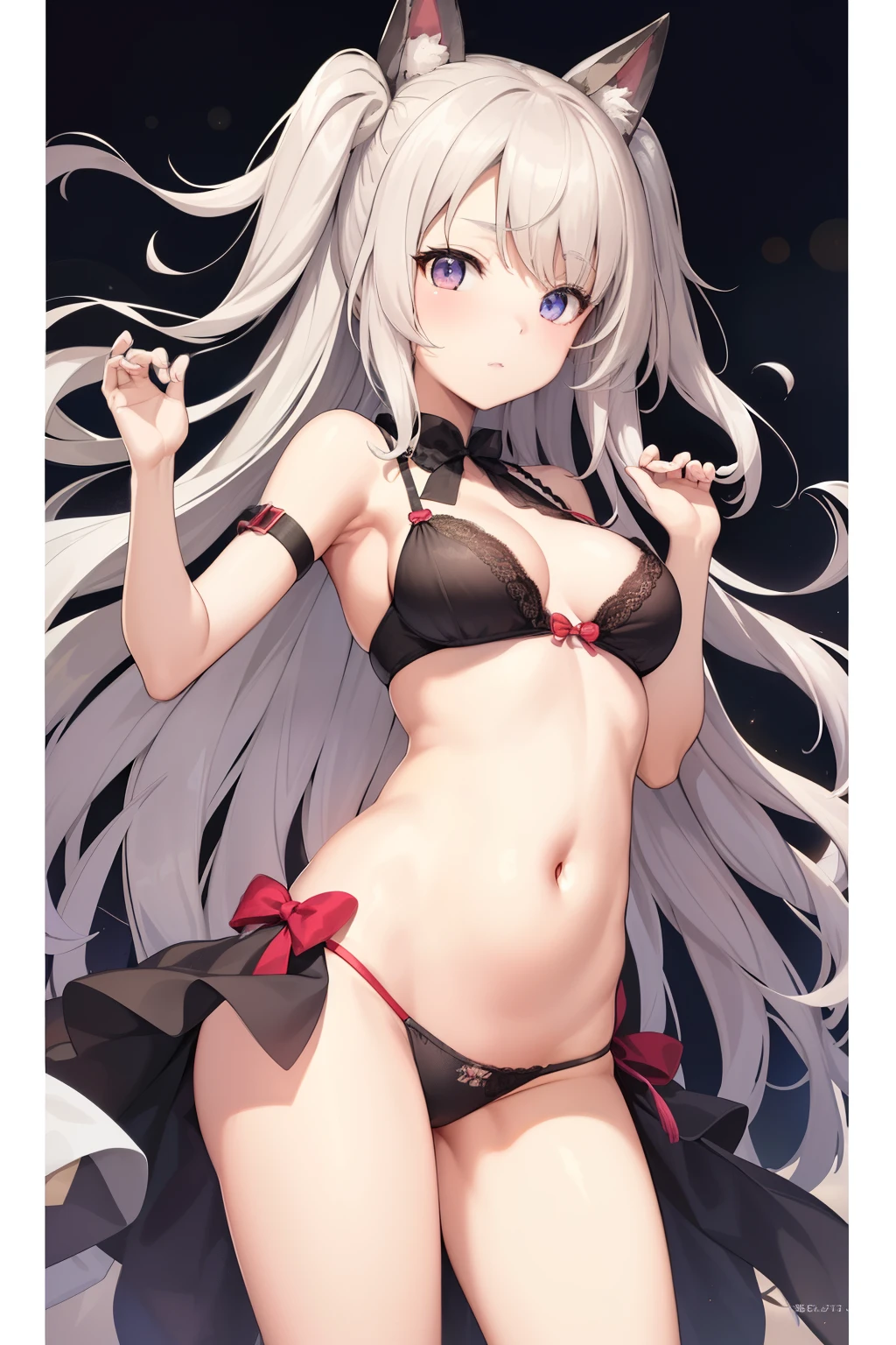 2D Beautiful Girl，Celluloid style，Ultra-clear original picture，Lighting, girl，Kagura Nana，Nana Kagurirtual Host，cropped shoulders，long  white hair，Hands imprisoned by chains，Hanged by chains on the city wall，There are animal ears on both sides of the head，eBlue eyes，Lace sheer pyjamas，前开叉Nightdress，Nightdress，Show most of your belly，Beautiful navel，Loving eyes，cute  face, beautidful eyes，Highest image quality，of works, tmasterpiece，Amazing, good looks, of workrightened light