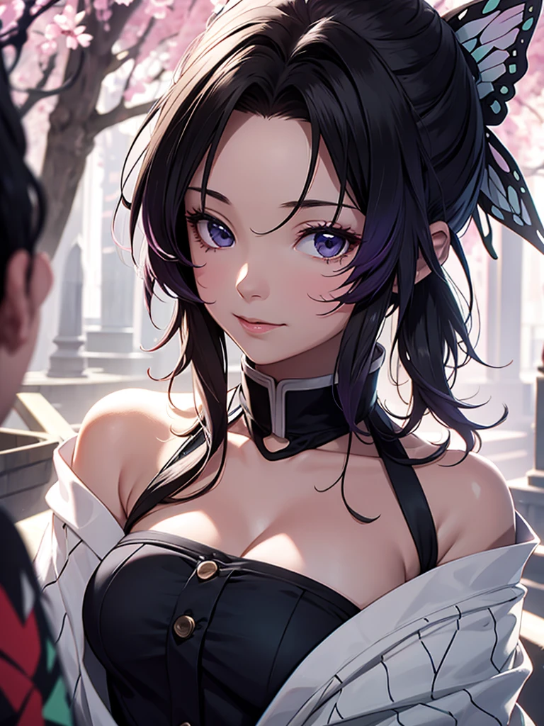 Ultra-realistic 8k CG,tmasterpiece,you can see the body with legs, All Growth (Body Full 1.1.),((Ultra Detailed Backgrounds,delicate patterns,Complicated details)),The best quality at its best,very vey very detailed face,highly detailed eyes and faces,very detailed eyes,Kochou Shinobu,multi-colored hair,without bangs,hair intake,Purple eye,haori,Butterflies,Obi Strip,(Patience of the sad:1.2),purple flower,The sky is predominantly cloudy,rays of sunshine,Tyndall effect,Gradient_skye,s face,Beautiful sky,Sabre on the belt,Mesmerizing posture,(large breasts:1.3),(cleavage:1.3),(Off-the-shoulder outfit:1.6)