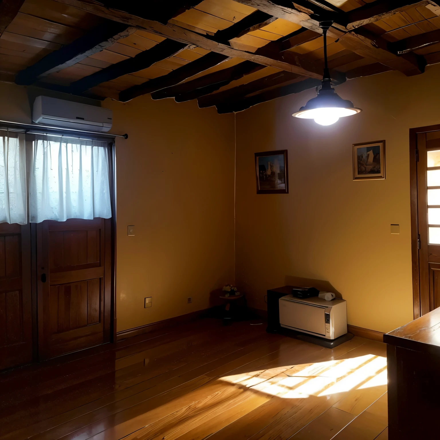 crie uma sala de uma casa antiga, the ambient light is night and the old lights are on.