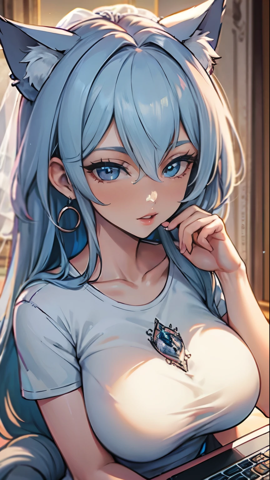 Masterpiece, beautiful art, professional artist, 8k, art style by sciamano240, very detailed face, very detailed hair, 1girl, perfectly drawn body, beautiful face, long hair, light blue hair , very detailed blue vertical cat eyes, pouty lips , rosey cheeks, intricate details in eyes, square glasses, wearing cozy tshirt, mom jeans, jordans, earrings, (wearing a wedding ring) , in love with the viewer expression, warm smile, at home working on a laptop, close up on face,