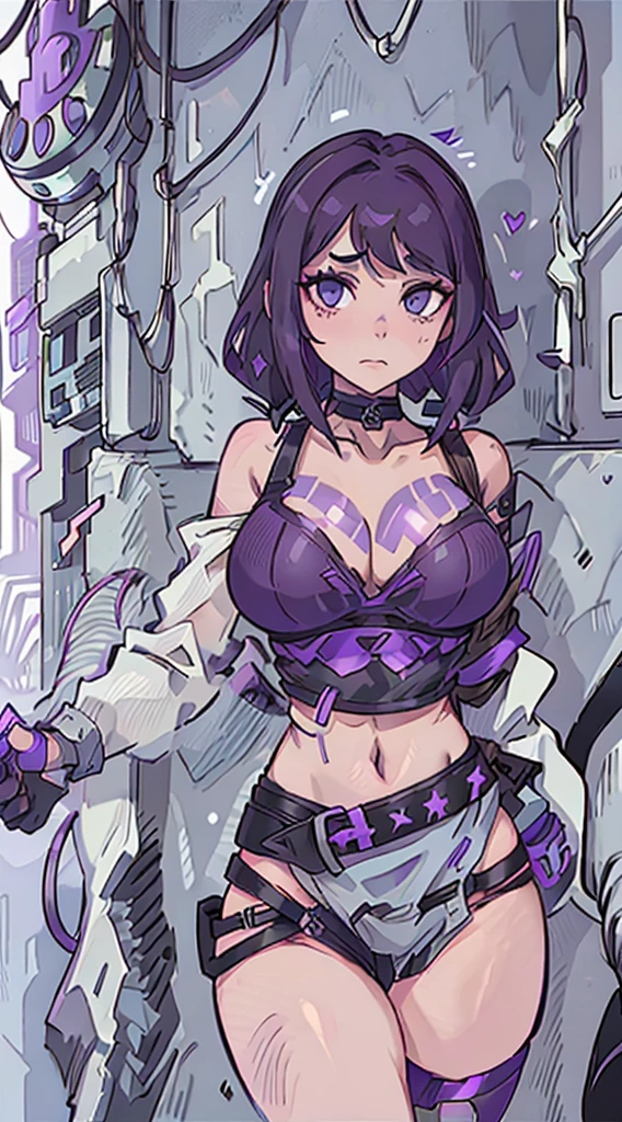 araffe woman with busty chest and dark purple hair, gray eyes, wearing a black fishnet crop top with long sleeves and dark navy blue bra and a black leather strap outfit with a choker, harnesses and garters, amouranth, seductive cyberpunk dark fantasy, cybergoth, dark purple hair and cybernetics, wrapped in leather straps, violet and black, gothic and futuristic, goth cybersuit, goth aesthetic, better known as amouranth, 17 - year - old goth girl, bug breasts