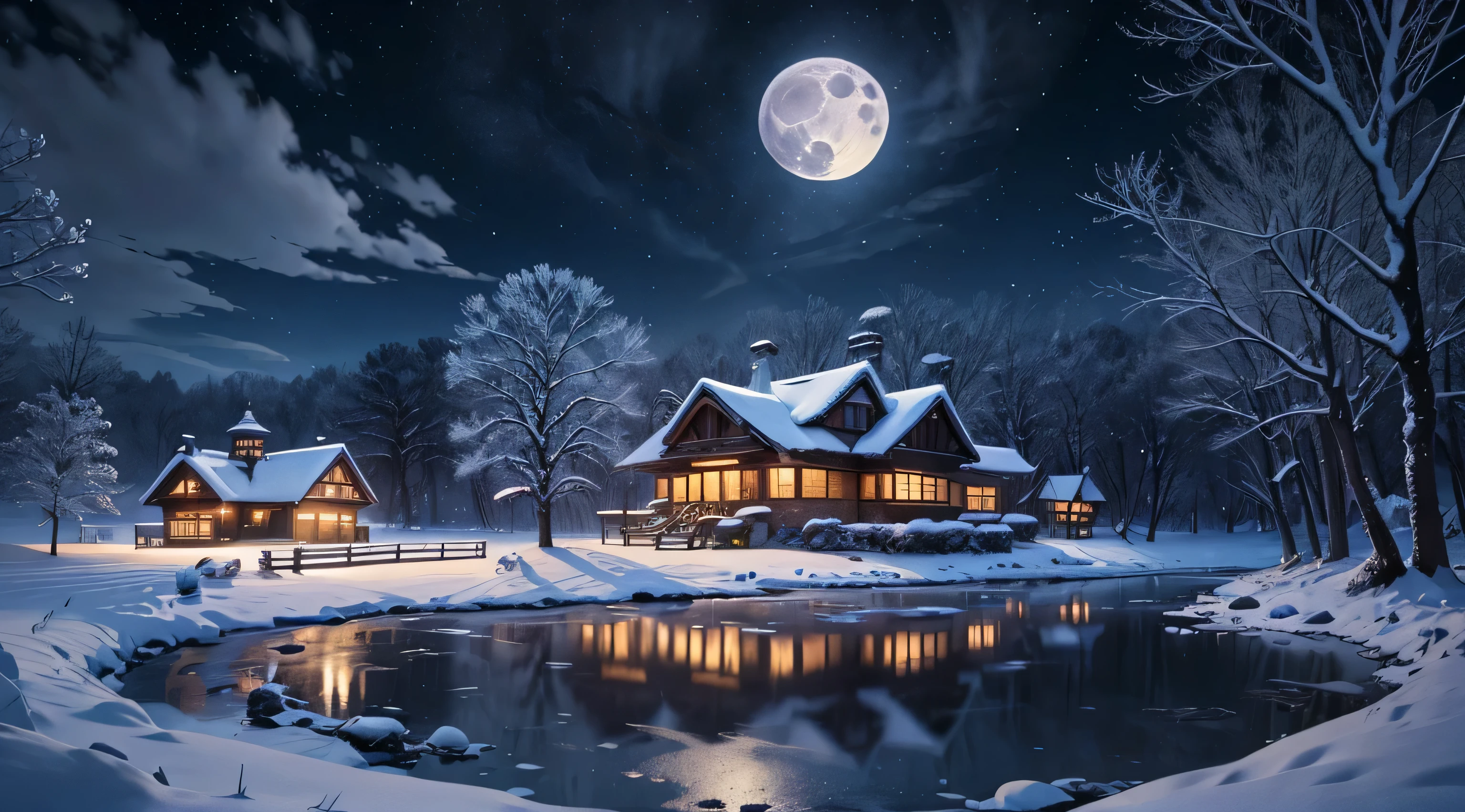 arafed house in a Yukiy landscape with a full moon, beatiful house, Winter nights, Yukiy winter, House background, moonlight Yukiing, (Yuki), fantasia de cena de inverno, Yukiy night, winter Yuki, Yukiy winter christmas night, Winter wonderland, winter time, winter setting, moonlight Yuki, winter in the Yuki, winter time, Yukiy winter scene, In winter