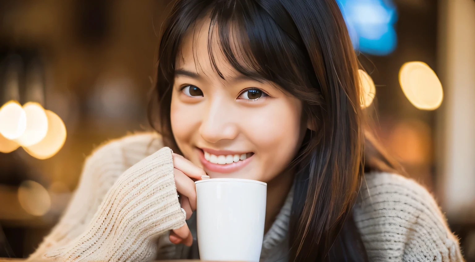 Best quality, masterpiece, ultra high res, (photorealistic:1.4), raw photo, 1girl with smile, shiny skin, low key, cold light, sit back at a cozy cafe, drinking coffee.