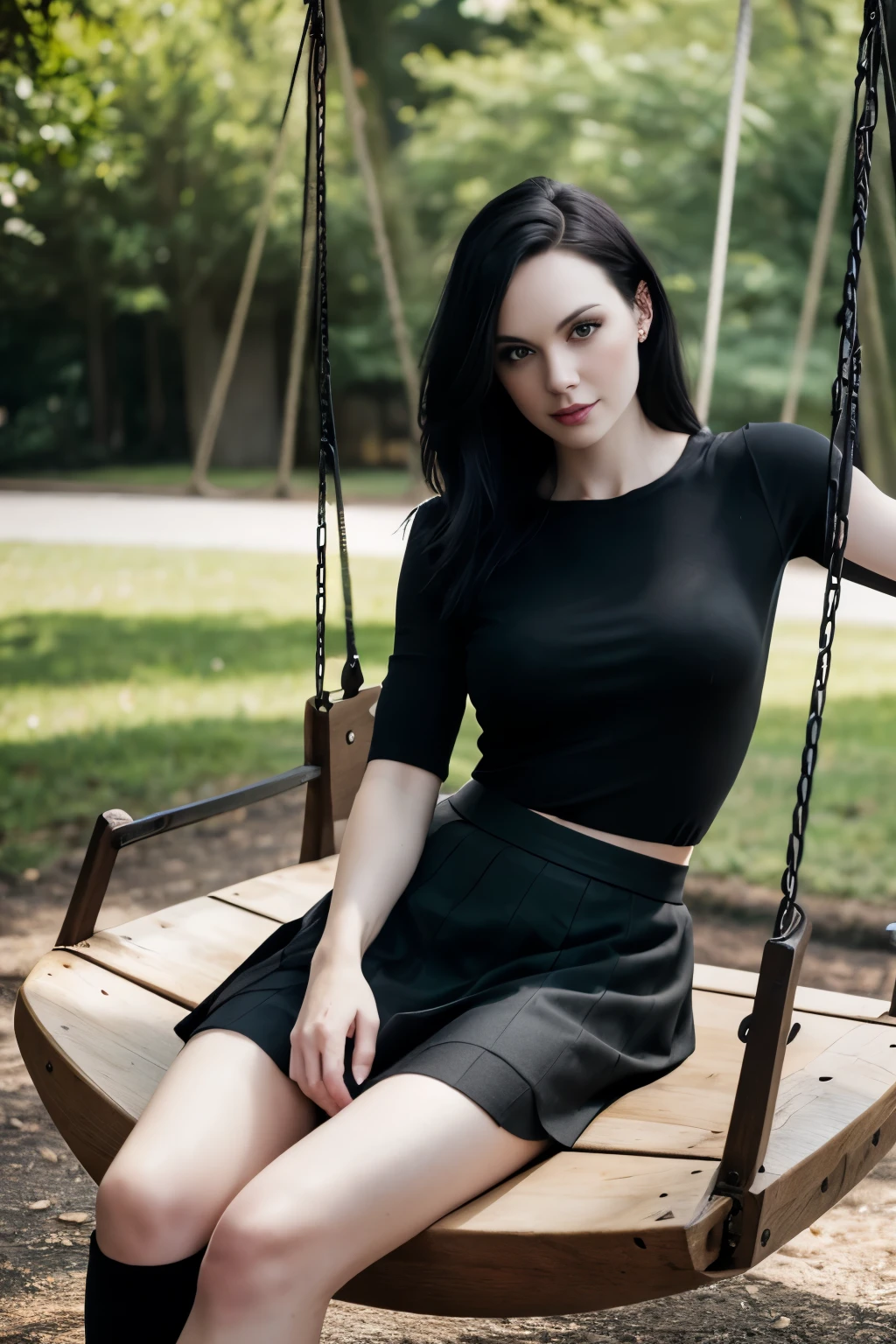 RAW photo of a 28 year old american woman, arrestingly beautiful, raven hair, ((wearing black skirt)), sleepy eyes, (pale skin), (detailed face), shapely and toned body, ((full body)), ((sitting on swing)), resting, (high detailed skin:1.2), 8k uhd, dslr, soft lighting, high quality, film grain, Fujifilm XT3