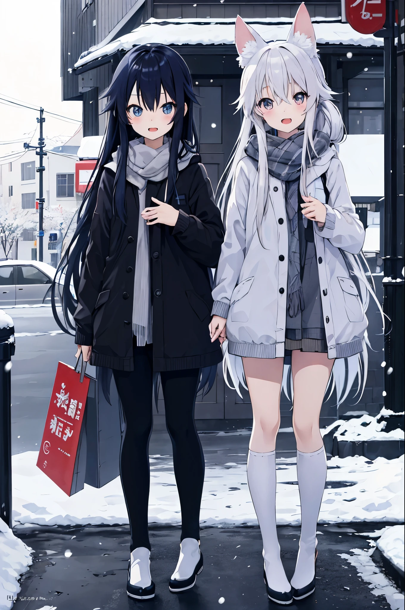 anime illustrated、high-level image quality、kawaii girl、Long straight hair、natta、Snowy street corner