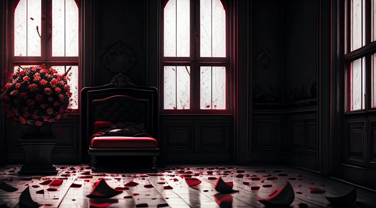 horror background, black and white , red petals of roses on the ground , A dark room with a bed and a broken window
