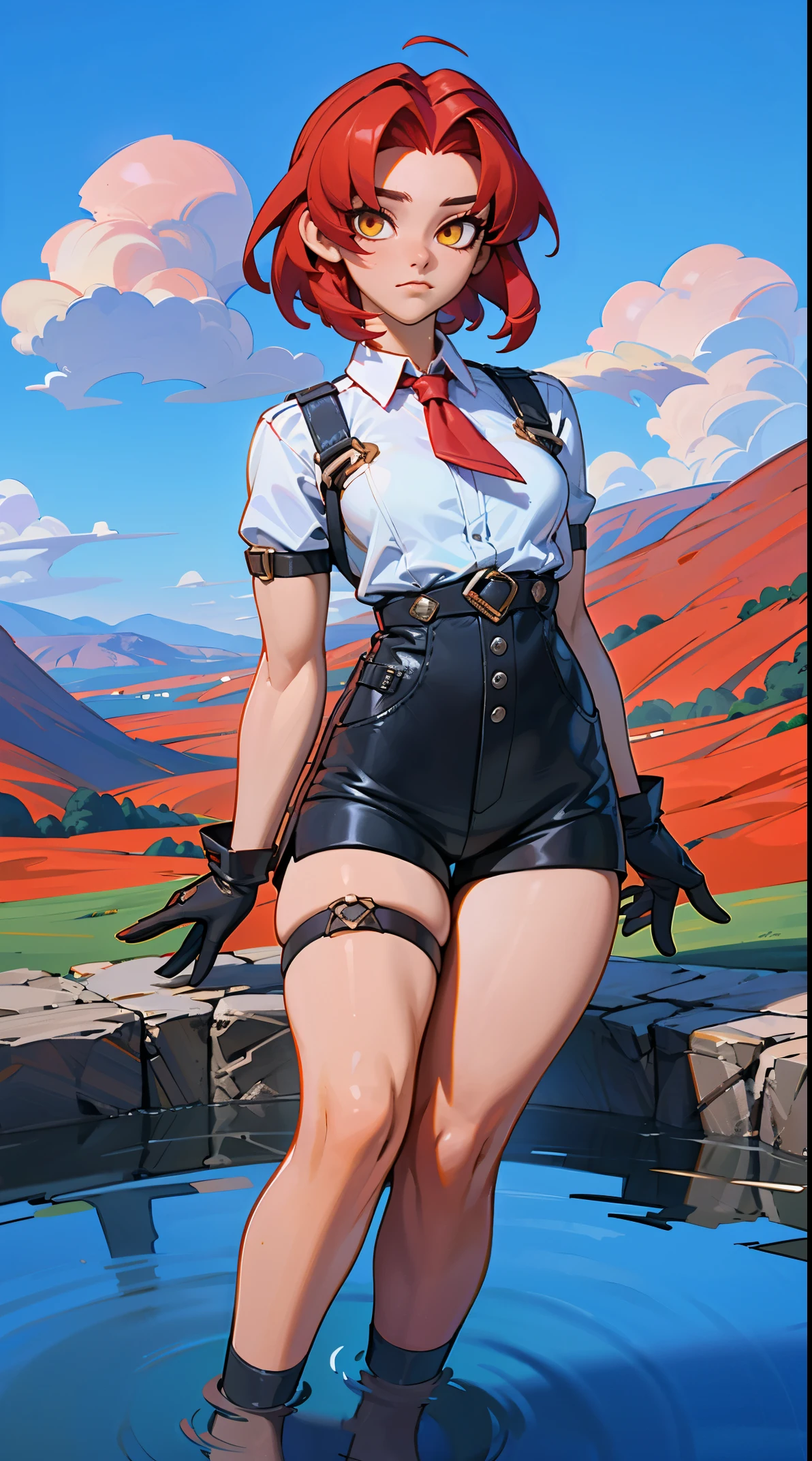 (scenery, masterpiece, best quality:1.6), no human, landscape, 8k, raw photo, absurdres, (open sky,blue sky:1.2), cloud, river, (woods, small waterfall, weeds:0.8), perspective, depth of field, HDR, sharp focus, highres, photography, realistic, highest detailed, extreme detailed, ultra detailed, finely detail1girl, young woman, solo, short hair, Small hair, (forehead:1.2), yellow eyes, sharp ocular posture, (scarlet red hair), Athletic, muscular, medium breasts, white shirt, collared shirt, (chest harness, shoulder strap:1.15), black leather shorts, garter belt, gloves, elegant, looking at viewer, Wetting feet in the water