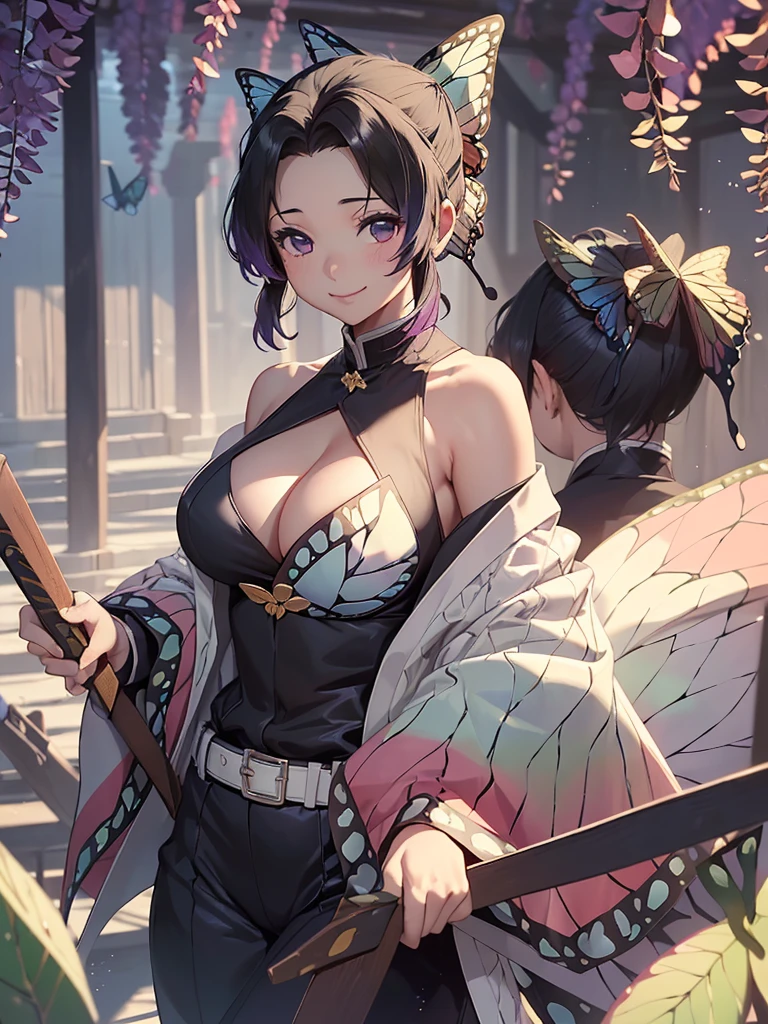 (masterpiece, best quality), 8K, high detail, (((胡butterflys忍)))、((A dark-haired))、Kunoichi costume、huge tit、cowboy  shot、Red cheeks、ssmile、butterflys