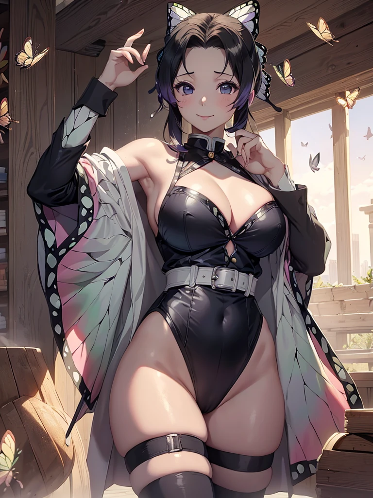 (masterpiece, best quality), 8K, high detail, (((胡butterflys忍)))、((A dark-haired))、Kunoichi costume、huge tit、cowboy shot、Red cheeks、ssmile、butterflys