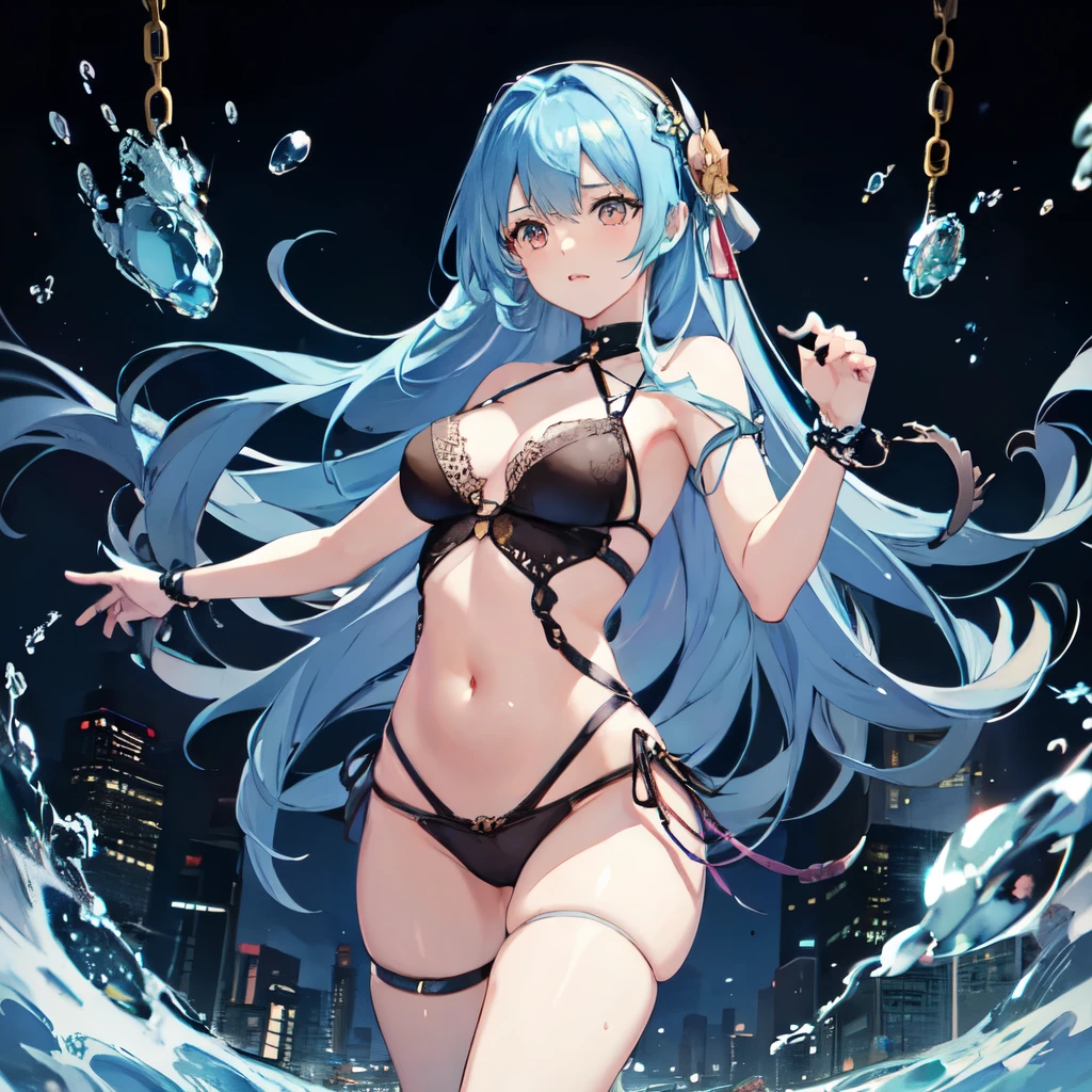 2D Beautiful Girl,Celluloid style,Ultra-clear original picture,Lighting, girl,Kagura Nana,Nana Kagurirtual Host,cropped shoulders,long white hair,Hands imprisoned by chains,Hanged by chains on the city wall,Lace sheer pyjamas,前开叉Nightdress,Nightdress,Show most of your belly,Beautiful navel,Loving eyes,cute face, beautidful eyes,Highest image quality,of works, tmasterpiece,Amazing, good looks, of workrightened light