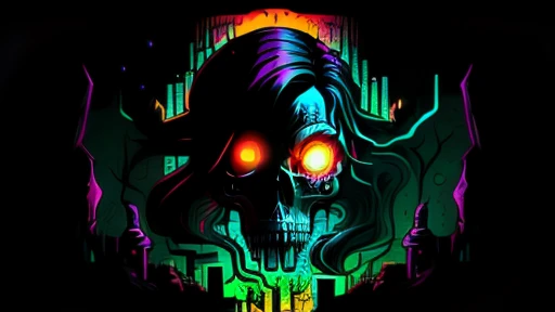 NeonMutação, skull, she's coming for you, de perto, caverna,, olhos brilhantes, (de perto:1.3), 8k, melhor qualidade.