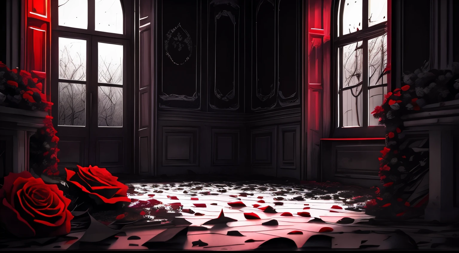 horror background, black and white , red petals of roses on the ground , A dark room with a bed and a broken window