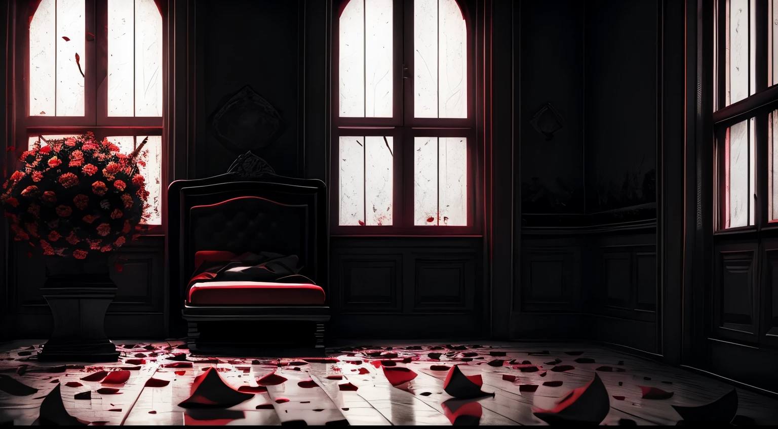horror background, black and white , red petals of roses on the ground , A dark room with a bed and a broken window