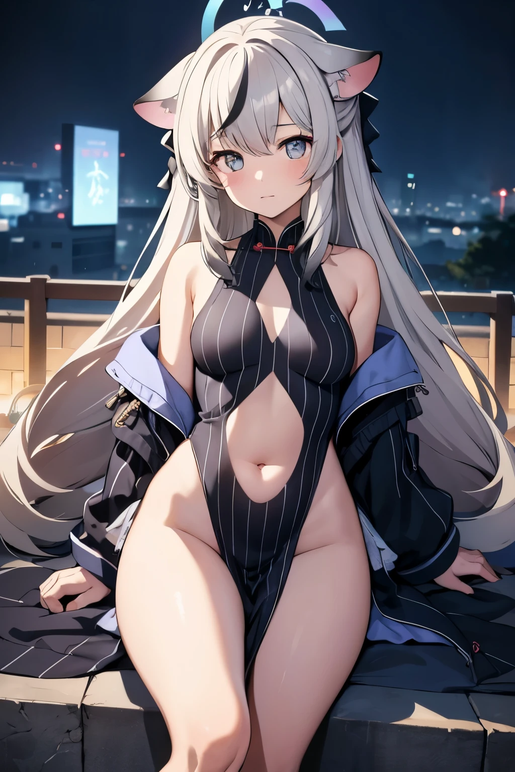 2D Beautiful Girl，Celluloid style，Ultra-clear original picture，Lighting, girl，Kagura Nana，Nana Kagurirtual Host，cropped shoulders，long  white hair，Hands imprisoned by chains，Hanged by chains on the city wall，There are animal ears on both sides of the head，eBlue eyes，Lace sheer pyjamas，前开叉Nightdress，Nightdress，Show most of your belly，Beautiful navel，Loving eyes，cute  face, beautidful eyes，Highest image quality，of works, tmasterpiece，Amazing, good looks, of workrightened light