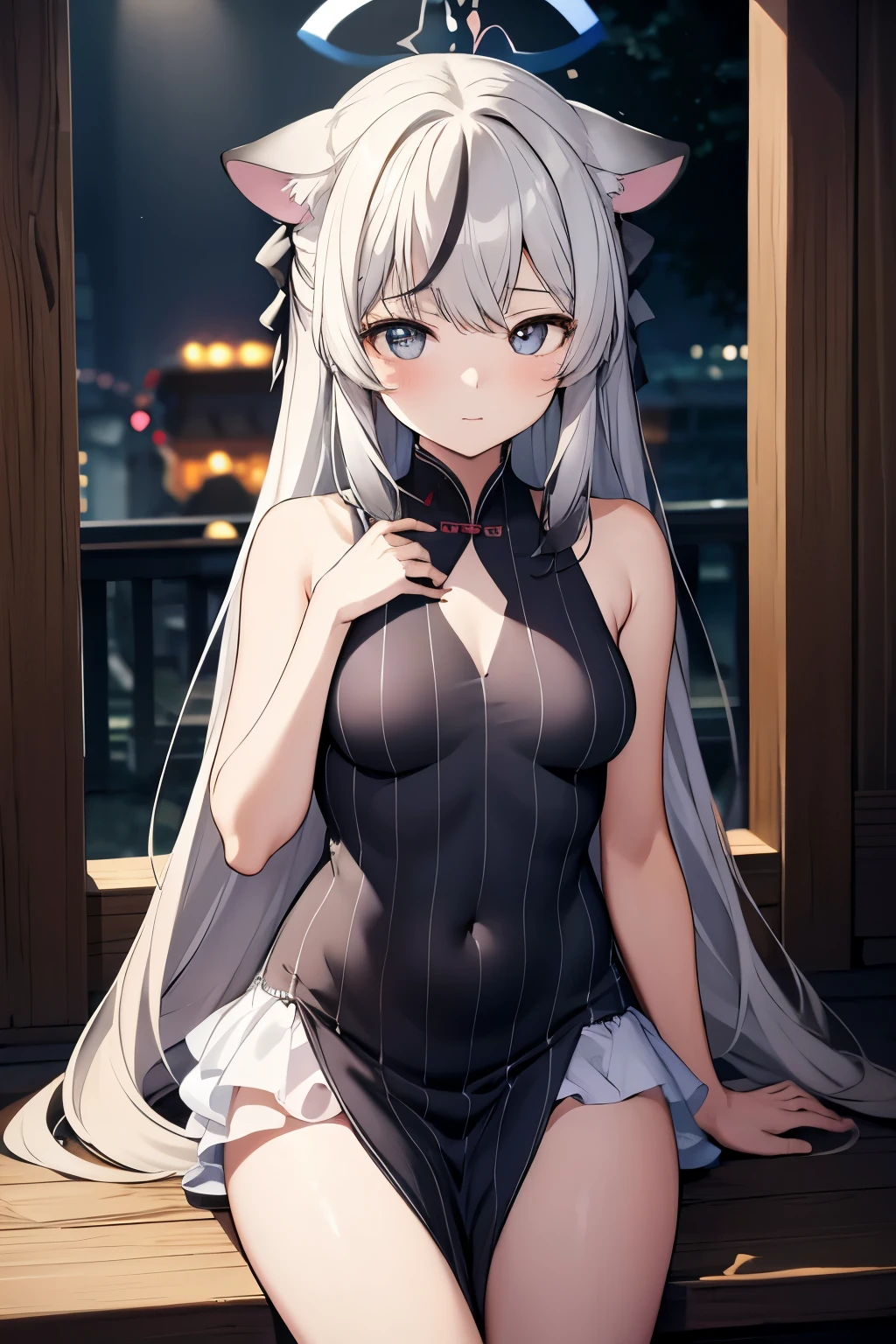 2D Beautiful Girl，Celluloid style，Ultra-clear original picture，Lighting, girl，Kagura Nana，Nana Kagurirtual Host，cropped shoulders，long  white hair，Hands imprisoned by chains，Hanged by chains on the city wall，There are animal ears on both sides of the head，eBlue eyes，Lace sheer pyjamas，前开叉Nightdress，Nightdress，Show most of your belly，Beautiful navel，Loving eyes，cute  face, beautidful eyes，Highest image quality，of works, tmasterpiece，Amazing, good looks, of workrightened light