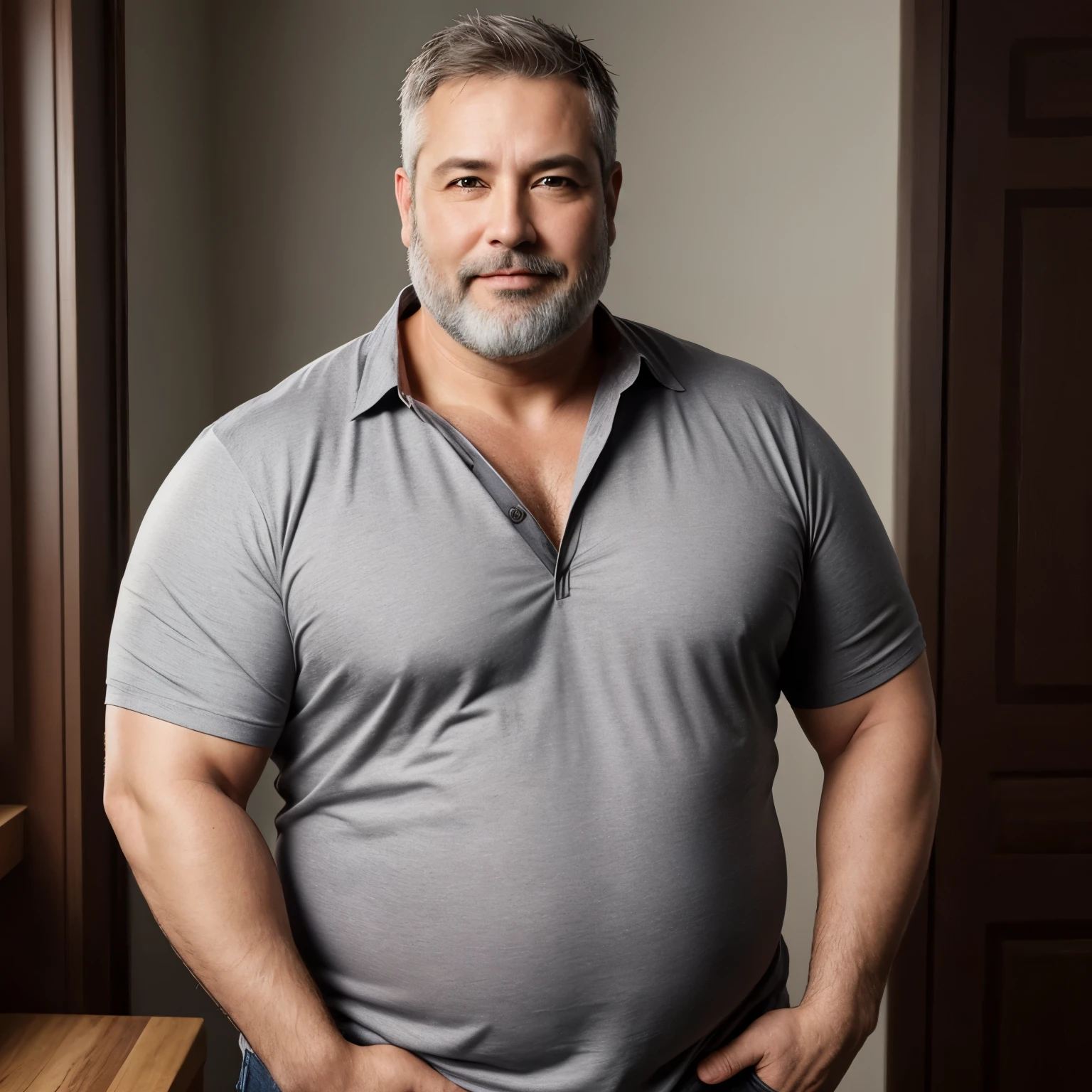 Chubby, fat, male middle aged,thin beard, Charmed , big chest, dynamic light, opened Shirt, Gray hair and beard, extremely hot and sexy, Daddy figure, hot daddy , dramatic