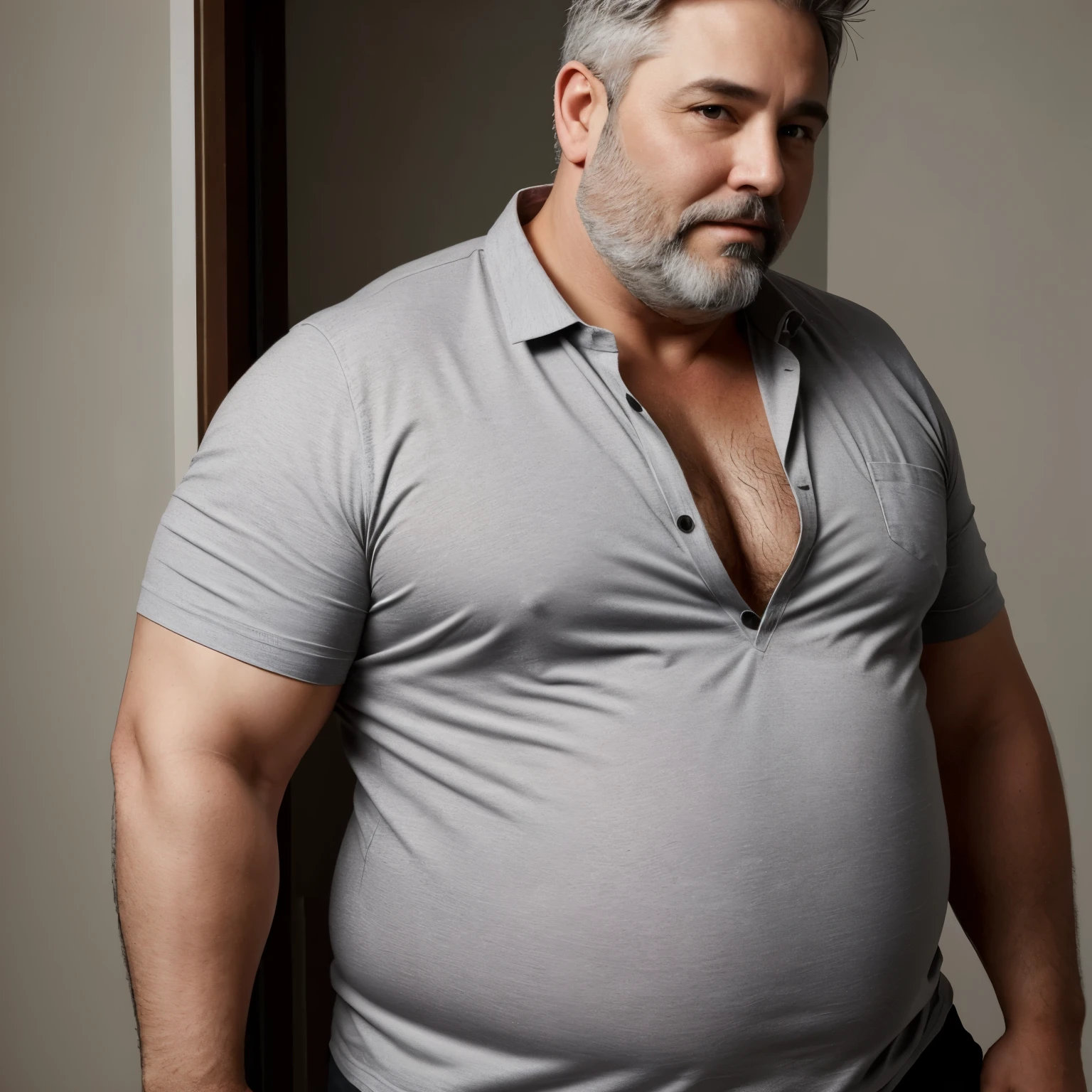 vista frontal, Vista lateral, vista traseira, de personagem, Multiple views and poses, various points of view, um personagem, corpo inteiro,masutepiece,High quality,Highly detailed,intense scene, solid, Gritty reality setting for 50 year old sexy fat bearded man,full of sweat,Full body,Big belly,((Wearing a white shirt and white trunks)),Stunned face,Open the legs,In the darkness, Varied Camera Angles in Photography