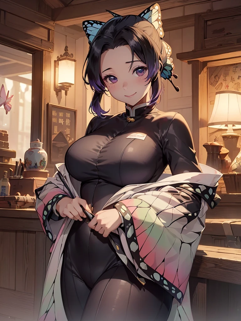 (masterpiece, best quality), 8K, high detail, (((胡butterflys忍)))、((A dark-haired))、One girl、Kunoichi costume、full body suits、huge tit、bustup、Red cheeks、ssmile、butterflys