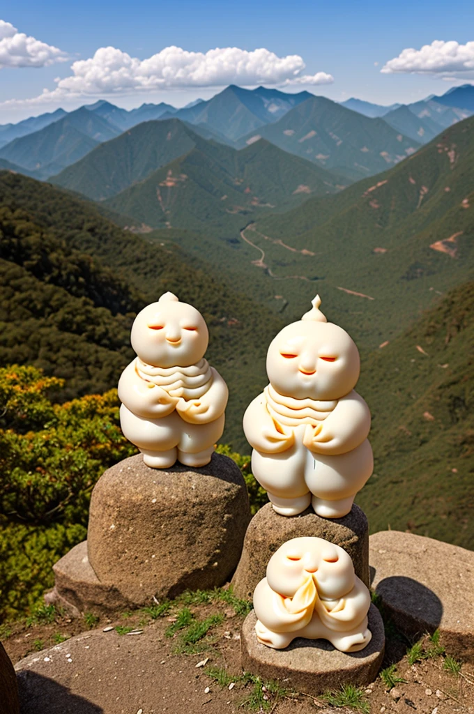 the king of the dumpling people, dumplings, temple blue sky, dumplings, dumpling statues