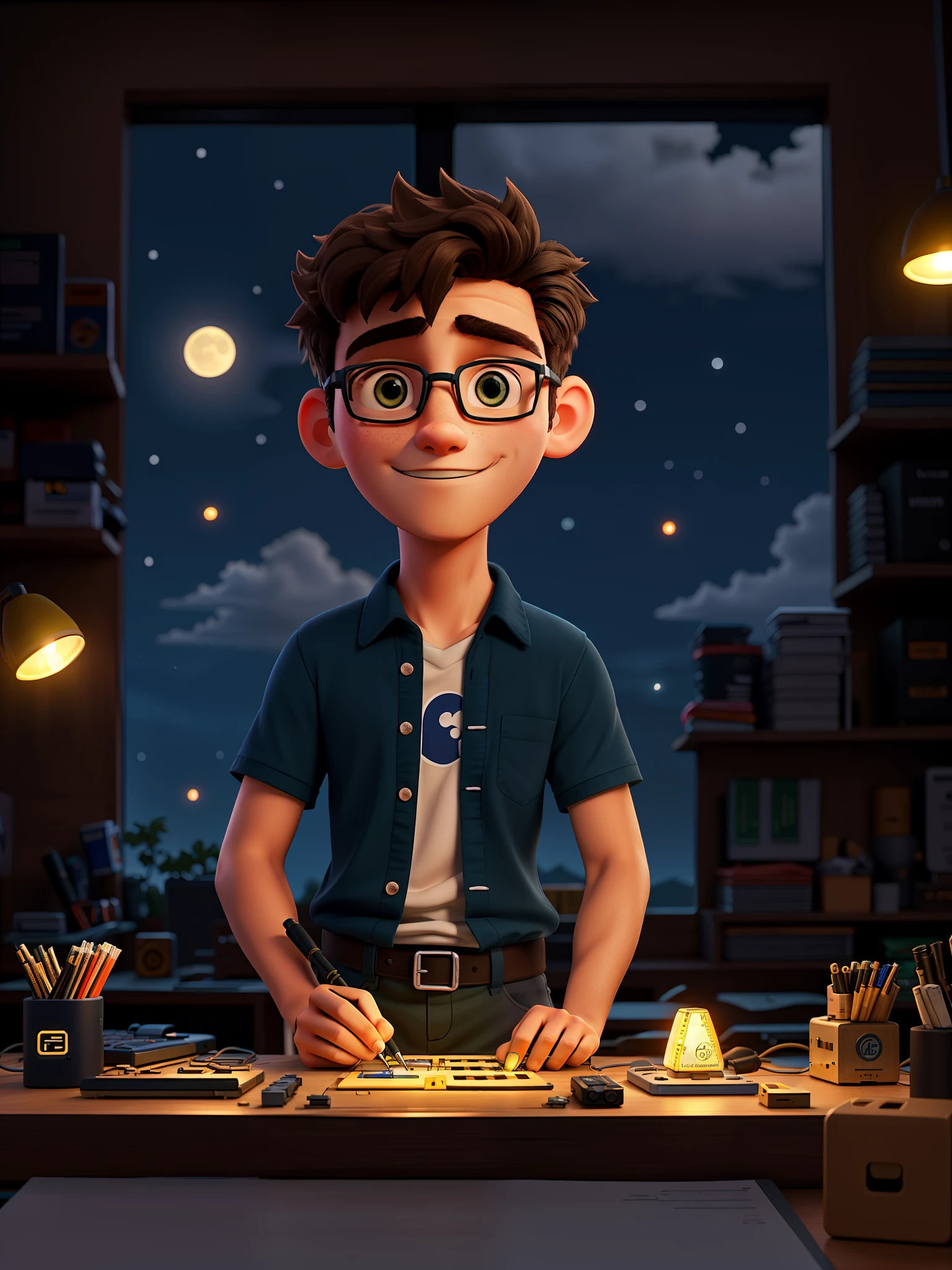 Nightlymale software engineer crafting circuit boards by hand, moonlit workspace, soldering components with a serene nocturnal backdrop , lootking to the camera