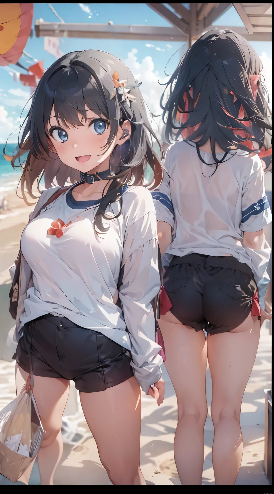 (Official art、Best Quality、Unity 8k Wallpapers、32K、masterpiece、ultra-detailliert、超A high resolution、realisitic、Photorealsitic:1.2)、(Cinematic lighting:1.2)、Fireglow effect、The grainiest shadow of the film、Rim lighting、side lights、sideshot、(ultra-detailliertで複雑な3Dレンダリング)、Detailed beautiful face and eyes、A slender、Medium bust、(Full body:1.2)、 Highly detailed background、beauitful face、blurry backround、-yeld beiful girl、(ultra-detailliertなスキン、detailed skin textures:1.3)、A dark-haired、Hip Hop Cable、(thighs thighs thighs thighs:0.8)、Knitted sandals、(((Sea sand beach)))、Smile with open mouth、(Nariko Saten),Blue eyes,((white t-shirt with belly button exposed,Blue shorts))(see -through)crouching down