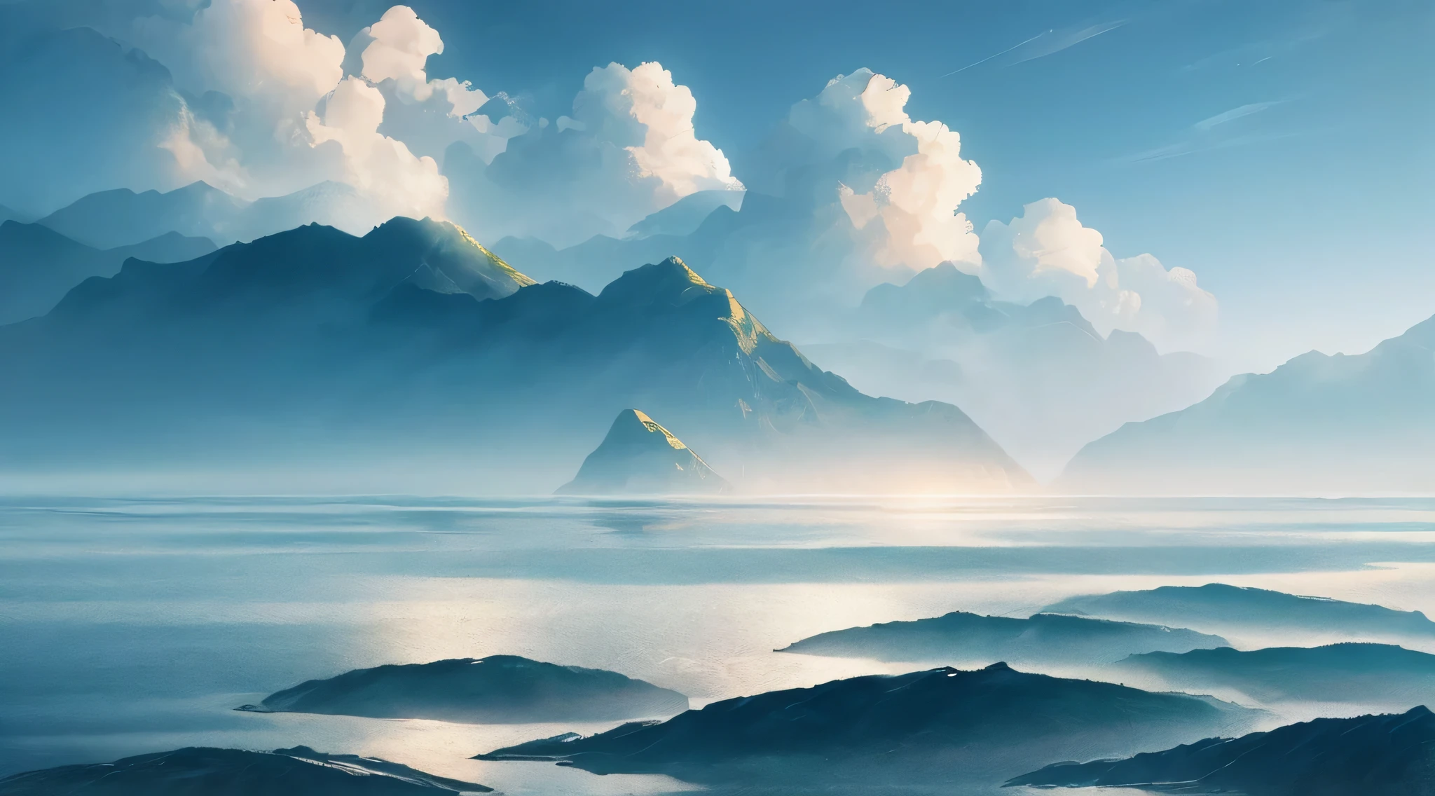 "Beautiful and smooth graphics shrouded in clouds,Delicately depicted landscape,Light clouds float on the water,tas'It's like a wonderland。Hazy light penetrates the clouds,Reflects stunning light and shadow effects。There is a sea of clouds in the picture,The scenery in front of you is breathtaking。"