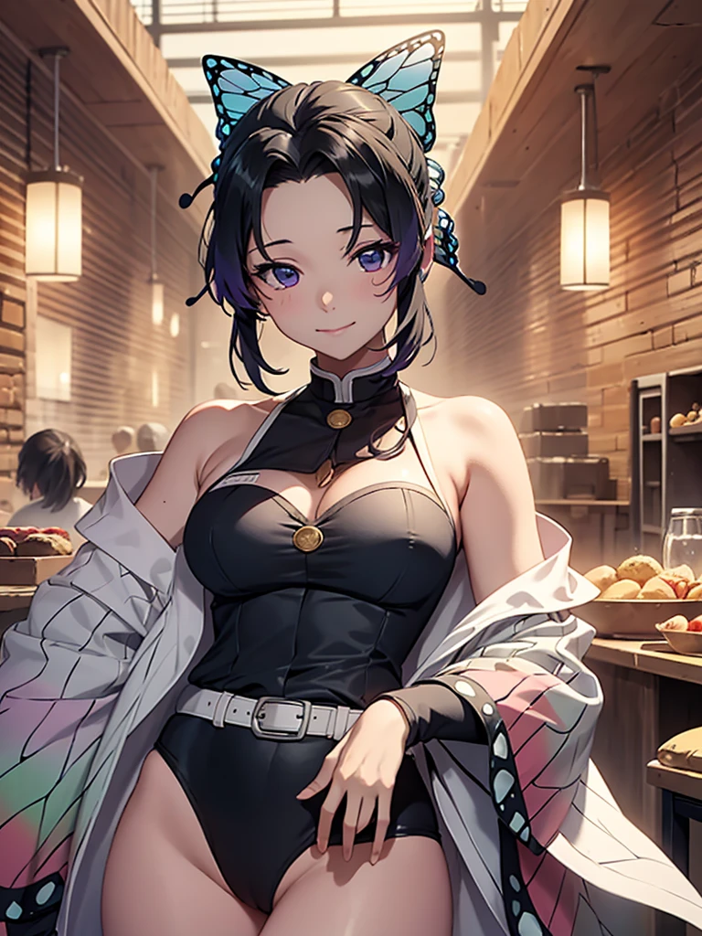 (masterpiece, best quality), 8K, high detail, (((胡butterflys忍)))、((A dark-haired))、One girl、Kunoichi costume、Voluptuous thighs、Big ass、cowboy shot、Red cheeks、ssmile、butterflys
