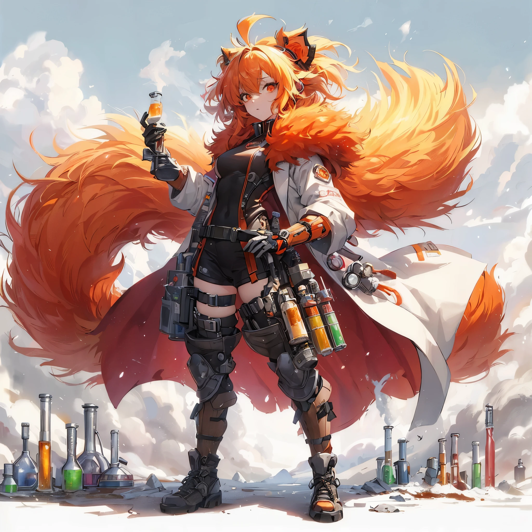 (Masterpiece, best quality), (perfect athlete body:1.2), (detailed hair), ultra-detailed, anime style, solo, full body, Fluffy beast girl alchemist, orange hair, red fur, wears cyberpunk lab coat, has dangerous chemicals, raised boots, digital painting, 8k high resolution, whole body, white background, standing wasteland