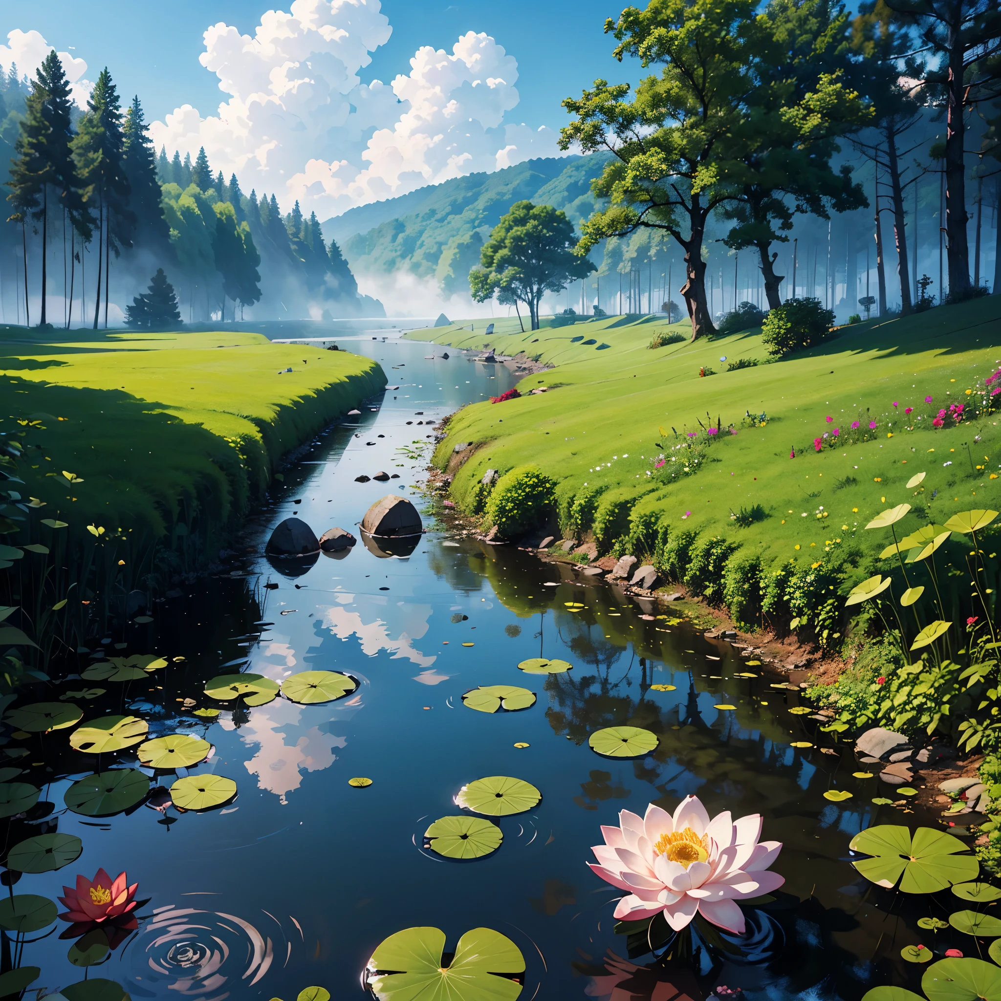 Best Quality、masutepiece、8K、lotuses:3、睡lotuses、(foggy、cloudiness)、the woods、bog