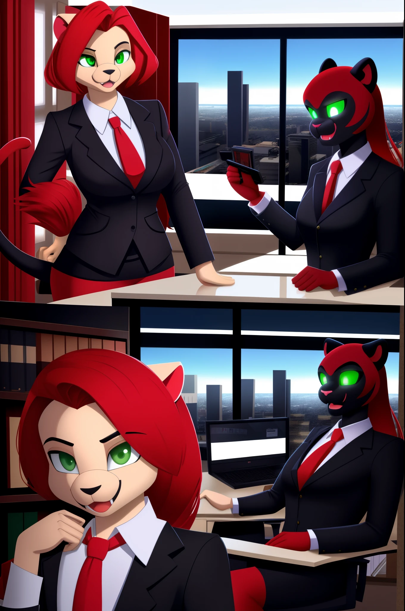 android secretary, panther anthro, red hair, green eyes, glowing eyes, office lady, 3D Disney style