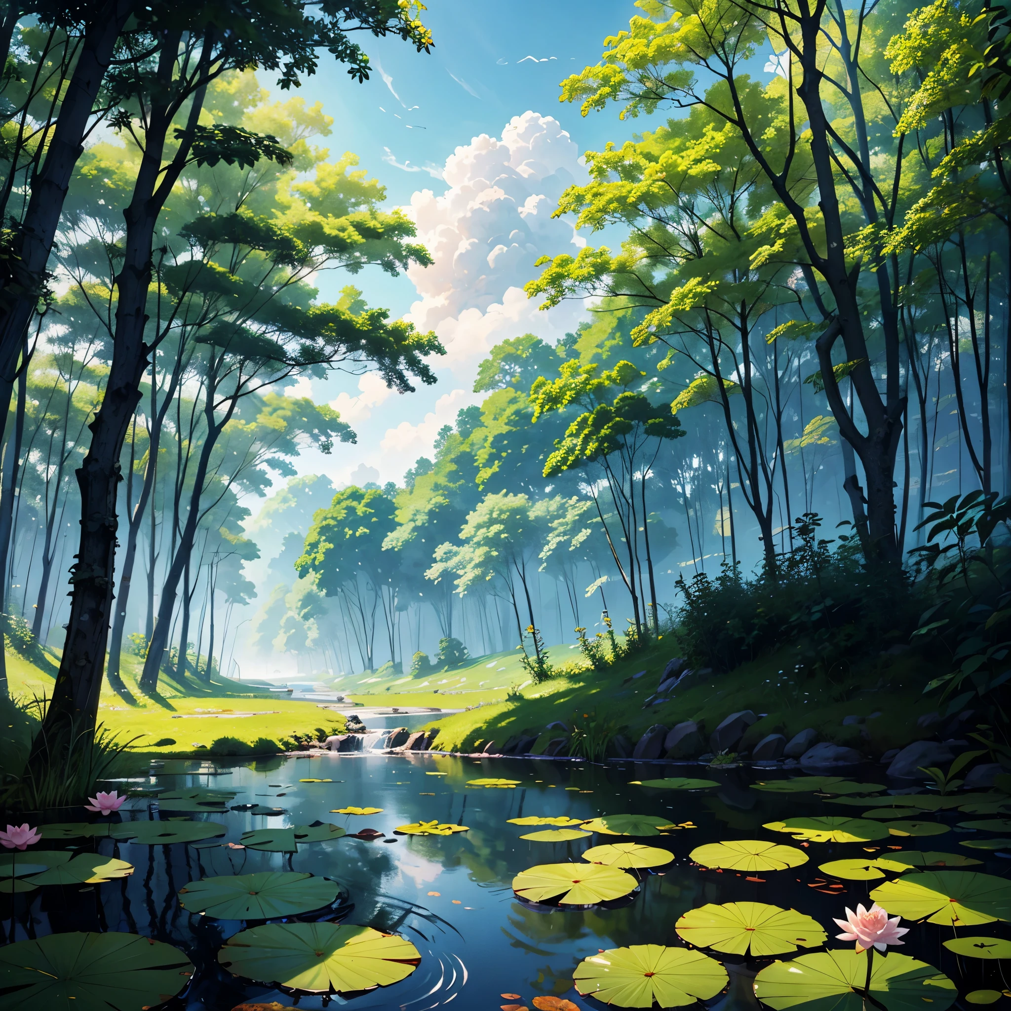 Best Quality、masutepiece、8K、lotus leaves:3、water lily:3、(foggy、cloudiness)、the woods、bog