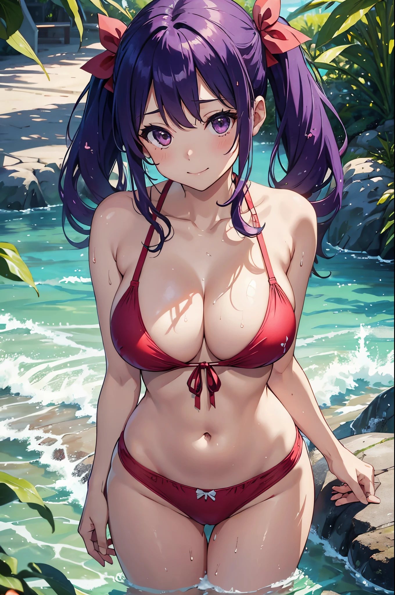 8k、Best Quality、rays of sunshine、Midsummer beach、独奏、a beauty girl、delicated face、a smile、Long pigtails、Purple hair、Colossal tits:1.8、big butts:5.5、big breasts thin waist、Beautiful constriction、shinny skin、beauty legs、cleavage of the breast、Tie your hair with a red ribbon、pink ultra-thin bikini、Wet all over the body、Naughty Poses、