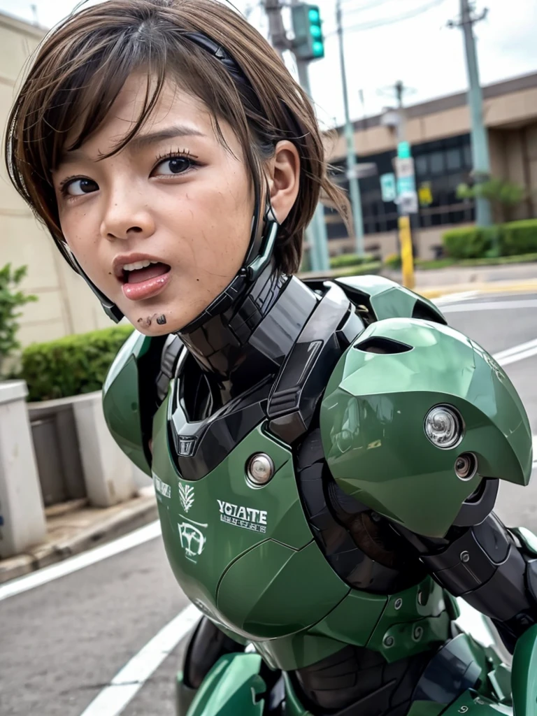 Textured skin, Super Detail, high details, High quality, Best Quality, hight resolution, 1080p, hard disk, Beautiful,(War Machine),beautiful cyborg woman,Dark Green Mecha Cyborg Girl,Very Shorthair、Fulll body Shot、Hanging eyes Foxtail sweaty brown eyes、Sweaty face、Bitter expression Drooling from the mouth Moist eyes Elementary school girls Looks spicy (The limit of patience) crouch down squatt The vagina is visible