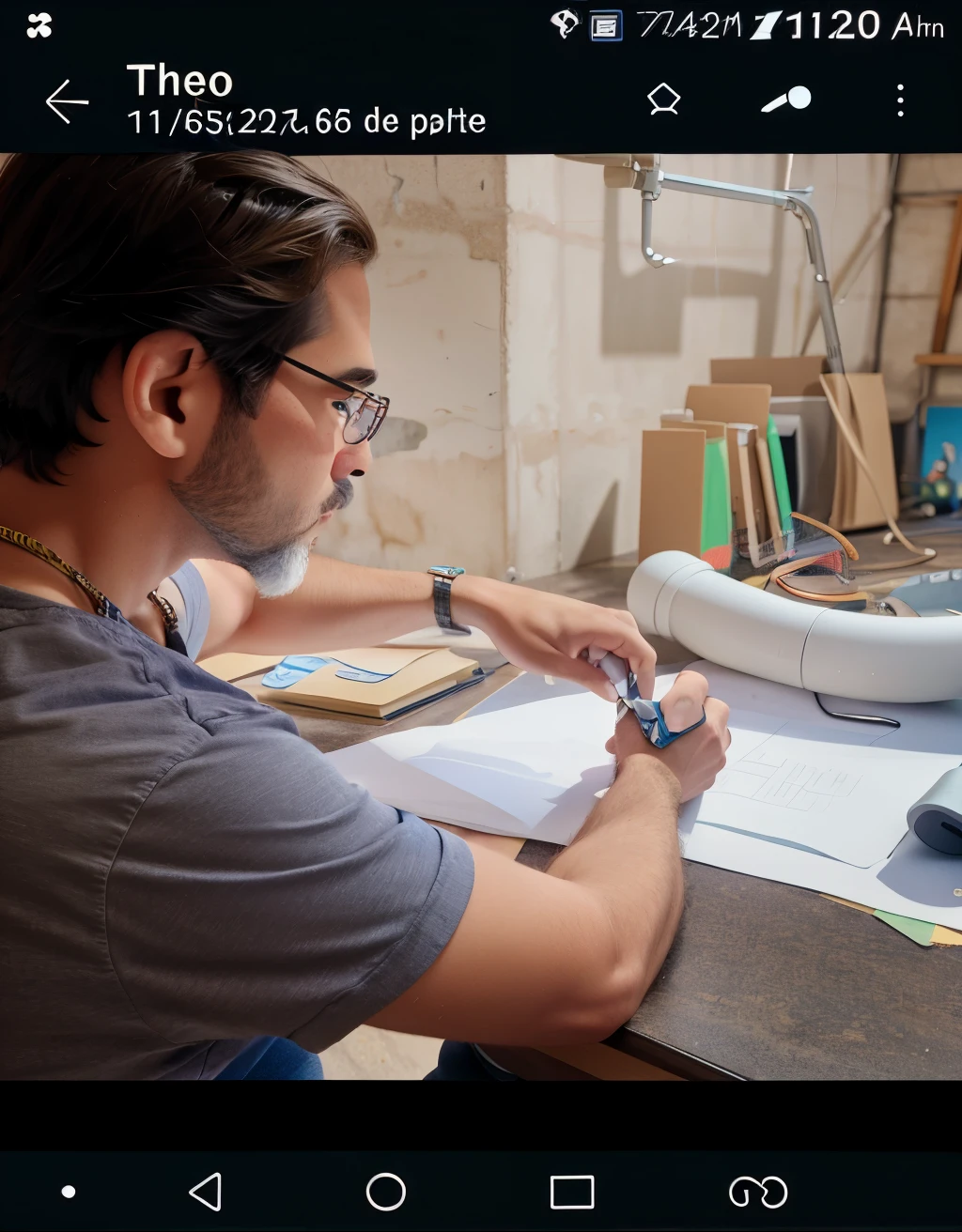 there is a man who is working on something on a table, Fanart, aesthetic shot, illustration, random artist, cuidadosamente desenhado, Postagem no Reddit, escultor, instagram post, facebook post, Velho fazendo trabalho duro, 插圖, Artesanato, Desenho de qualidade, visual deslumbrante, an artistic pose, Capturado no iPhone, animation still, an illustration