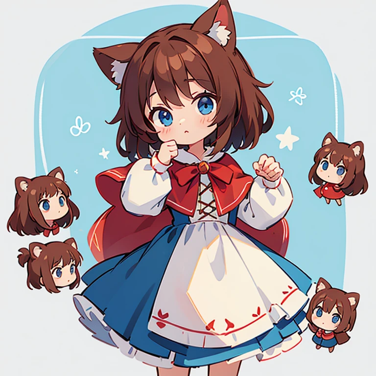 top-quality、ligh brown hair、blue eyess、One lady、Canine ears、Little Red Riding Hood clothes、Medium hair、simple、animesque、Chibi Chara