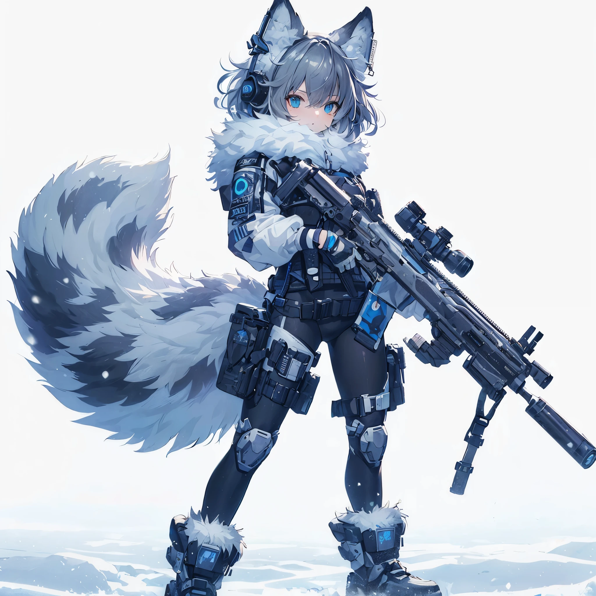 (Masterpiece, best quality), (perfect athlete body:1.2), (detailed hair), ultra-detailed, anime style, solo, full body, Fluffy animal girl gunner, Black-White hair, blue grey fur, wears cyberpunk suit, has big gun, raised boots, digital painting, 8k high resolution, whole body, white background, standing in snow land