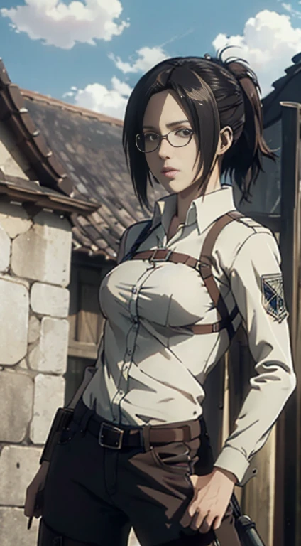 aot style, shingeki no kyojin,attack on titan,

Hange,

1girl, glasses, arm strap, bangs, black hair, black pants, breasts, cowboy shot, embers, green eyes, grey background, hair between eyes, harness, long sleeves, looking at viewer, medium breasts, pants, shirt, short hair, smoke, solo, thigh strap,  brown jacket, white shirt, survey corps \(emblem\)

, ((masterpiece)), best quality
,