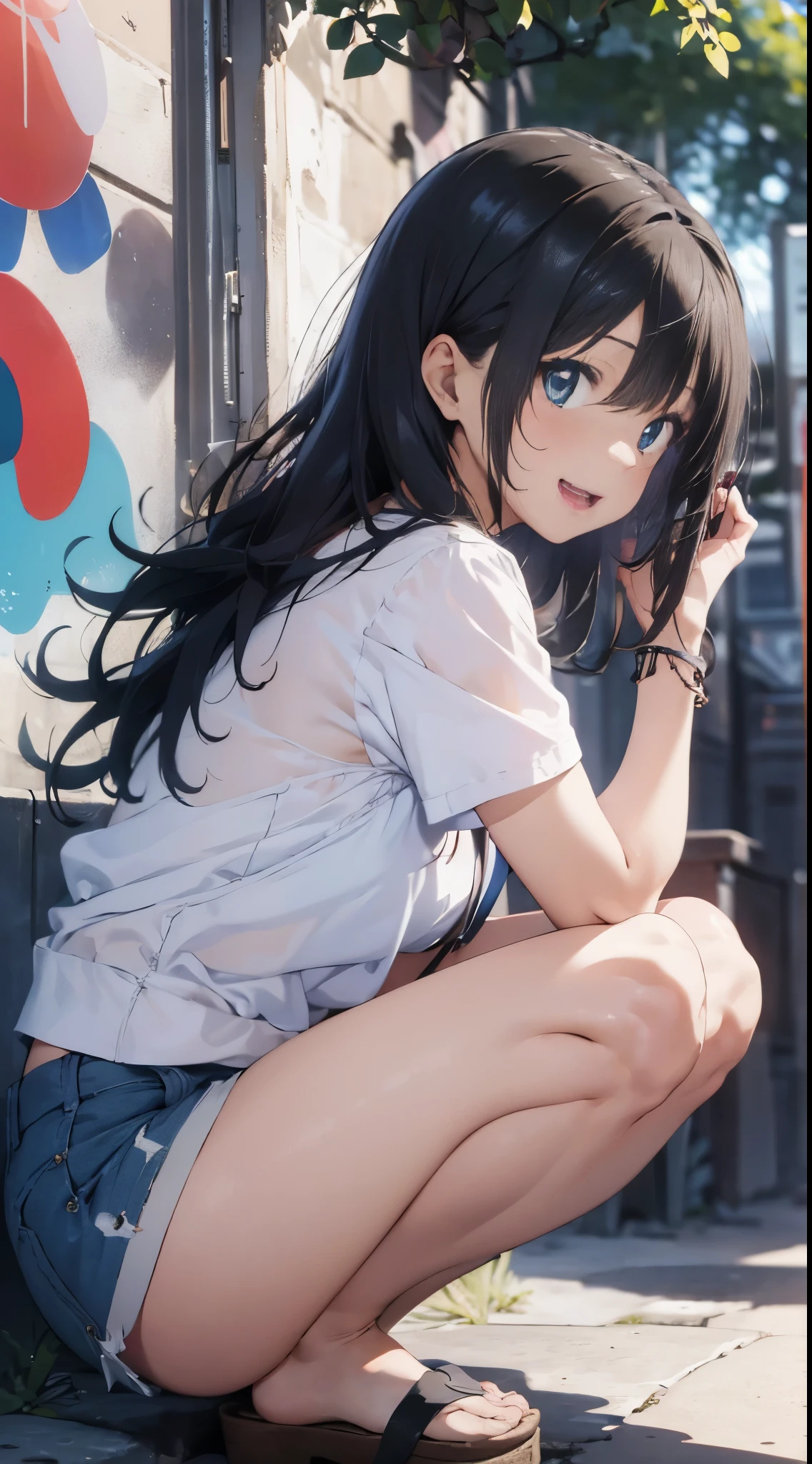 (Official art、Best Quality、Unity 8k Wallpapers、32K、masterpiece、ultra-detailliert、超A high resolution、realisitic、Photorealsitic:1.2)、(Cinematic lighting:1.2)、Fireglow effect、The grainiest shadow of the film、Rim lighting、side lights、sideshot、(ultra-detailliertで複雑な3Dレンダリング)、Detailed beautiful face and eyes、A slender、Medium bust、(Full body:1.2)、 Highly detailed background、beauitful face、blurry backround、-yeld beiful girl、(ultra-detailliertなスキン、detailed skin textures:1.3)、A dark-haired、Hip Hop Cable、(thighs thighs thighs thighs:0.8)、Knitted sandals、(((Sea sand beach)))、Smile with open mouth、(Nariko Saten),Blue eyes,((white t-shirt with belly button exposed,Blue shorts))(see -through)crouching down