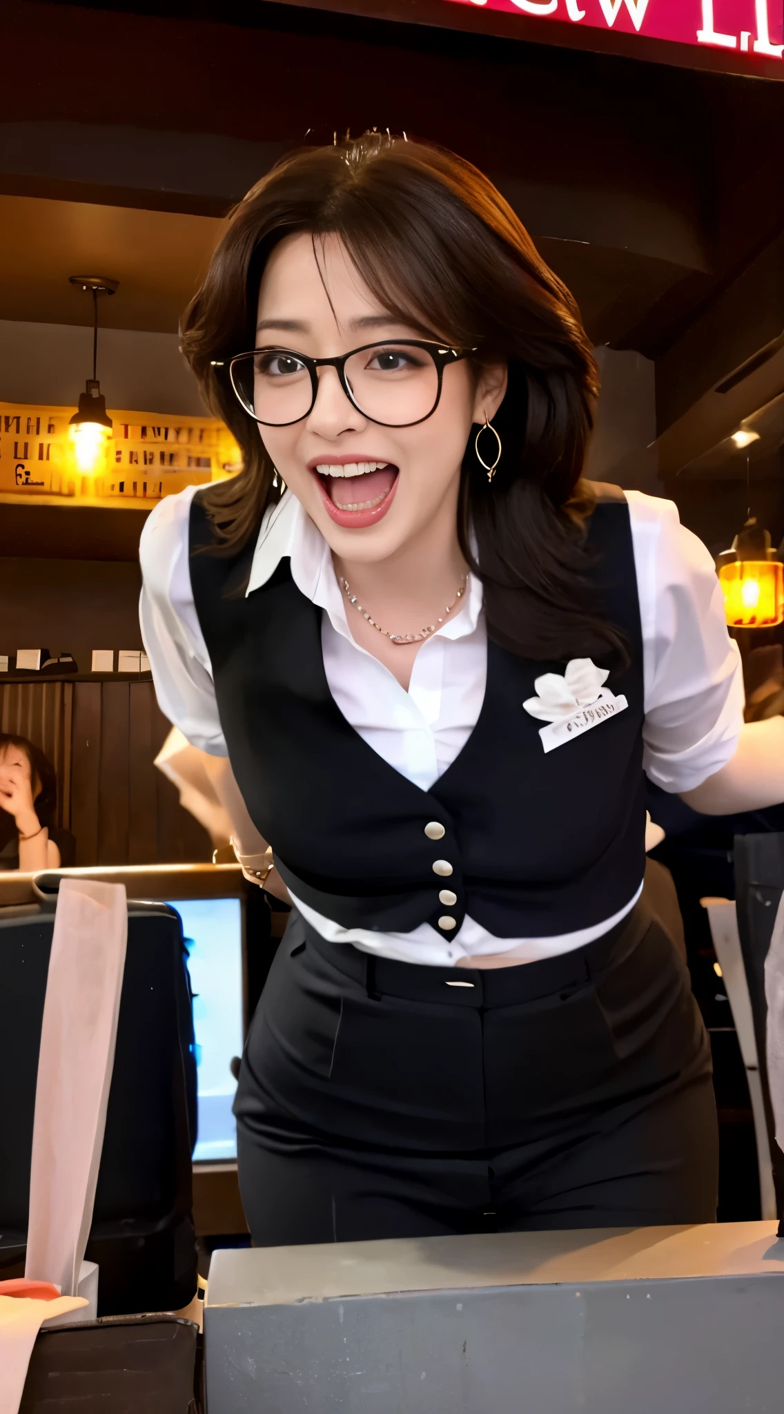 realisitic、8K、drooling、Ecstatic look、I'm excited、Tight suit、shirt、1 person woman、Woman in glasses、32years old、big butts、high-heels、tipsy at a bar、This is because it is skeletally correct.