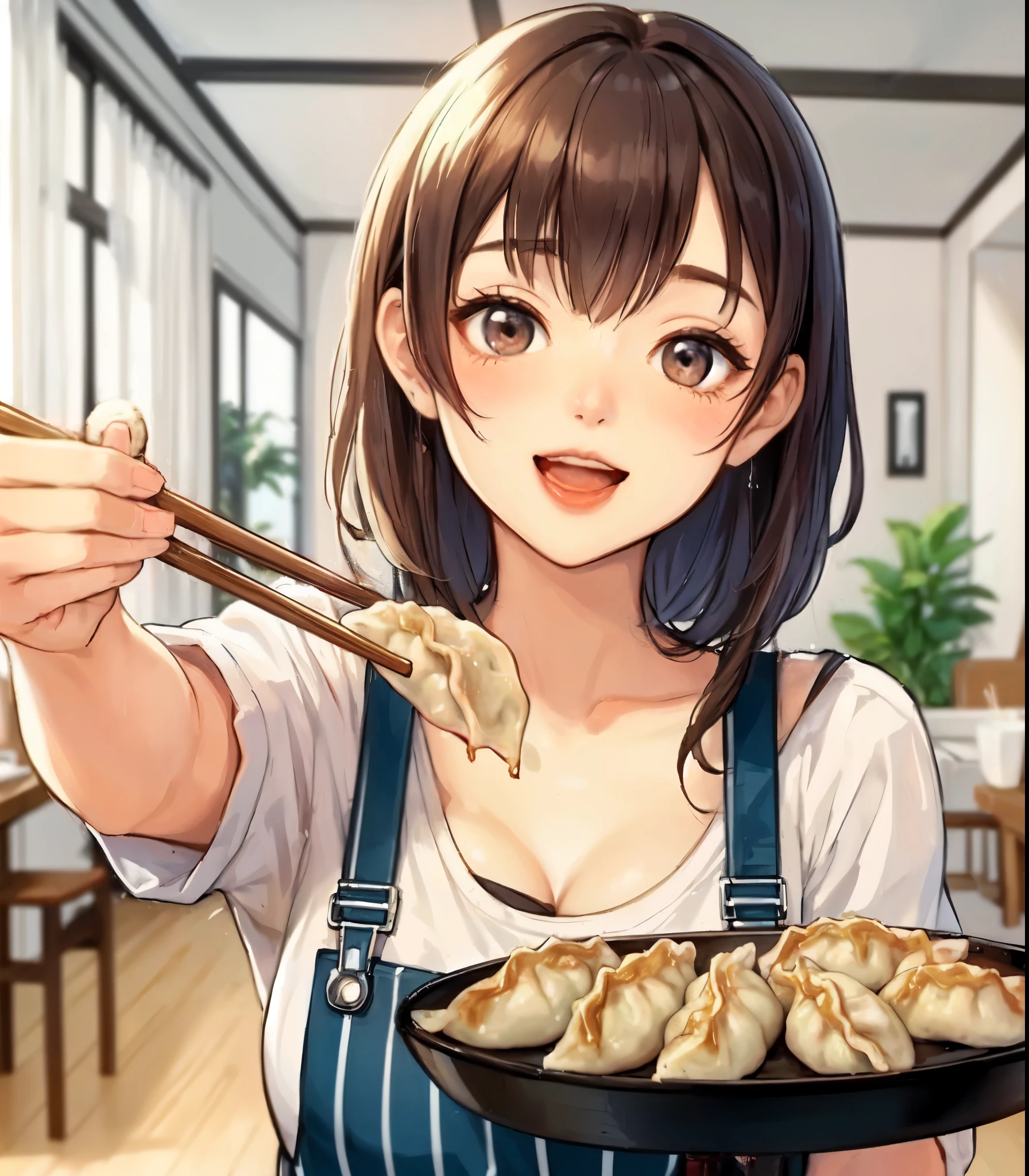 1lady solo, (holding up (gyoza dumplings) with chopsticks:1.2), (presenting dumplings towards viewers), (stylish outfit) apron, mature female, /(dark brown hair/) bangs, blush happy smile (open mouth), (masterpiece best quality:1.2) delicate illustration ultra-detailed, large breasts BREAK (dumplings baked and sizzling) BREAK (modern house living room) indoors